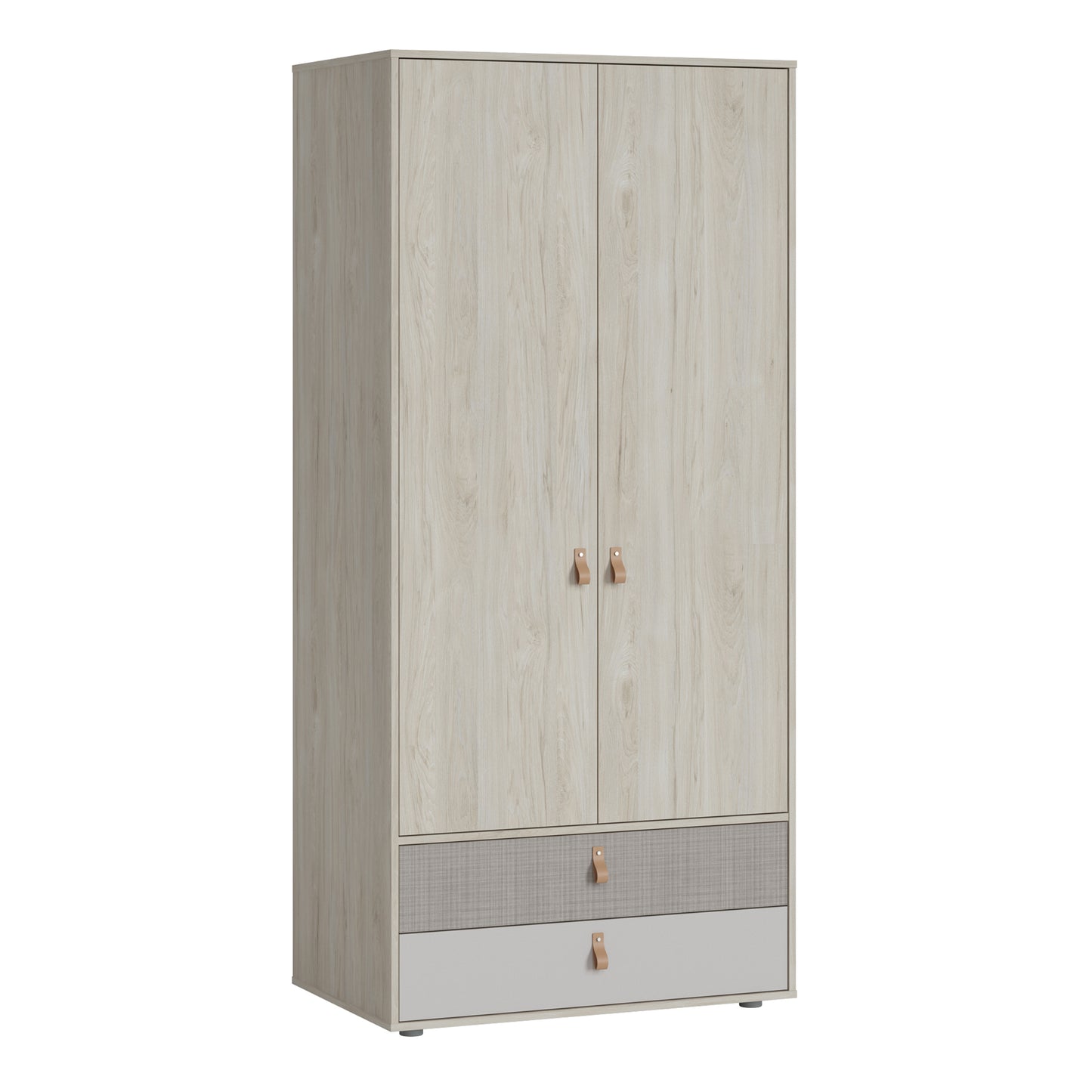 denim 2 door 2 drawer wardrobe in light walnut, grey fabric effect and cashmere