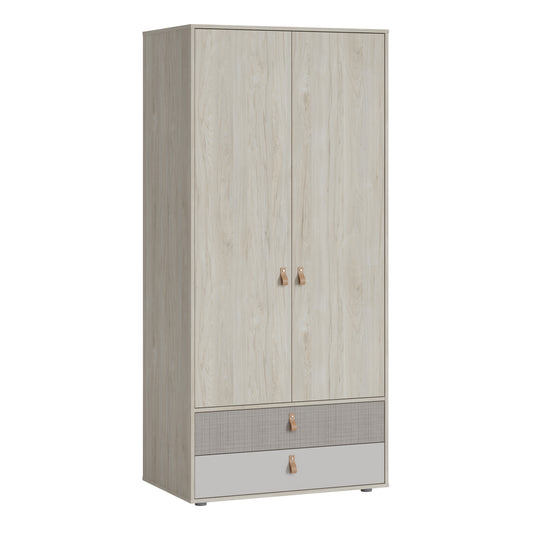 denim 2 door 2 drawer wardrobe in light walnut, grey fabric effect and cashmere