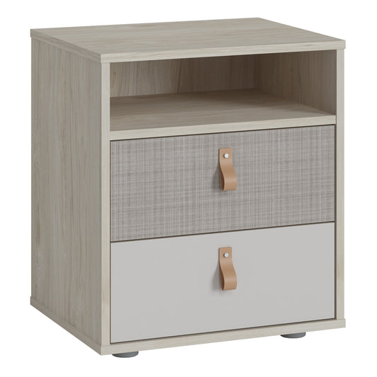 denim 2 drawer bedside cabinet in light walnut, grey fabric effect and cashmere