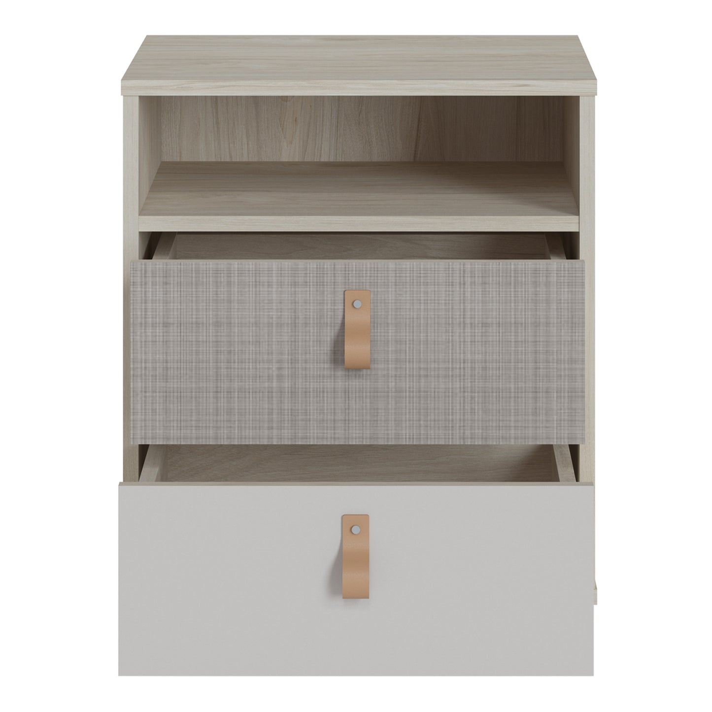 denim 2 drawer bedside cabinet in light walnut, grey fabric effect and cashmere