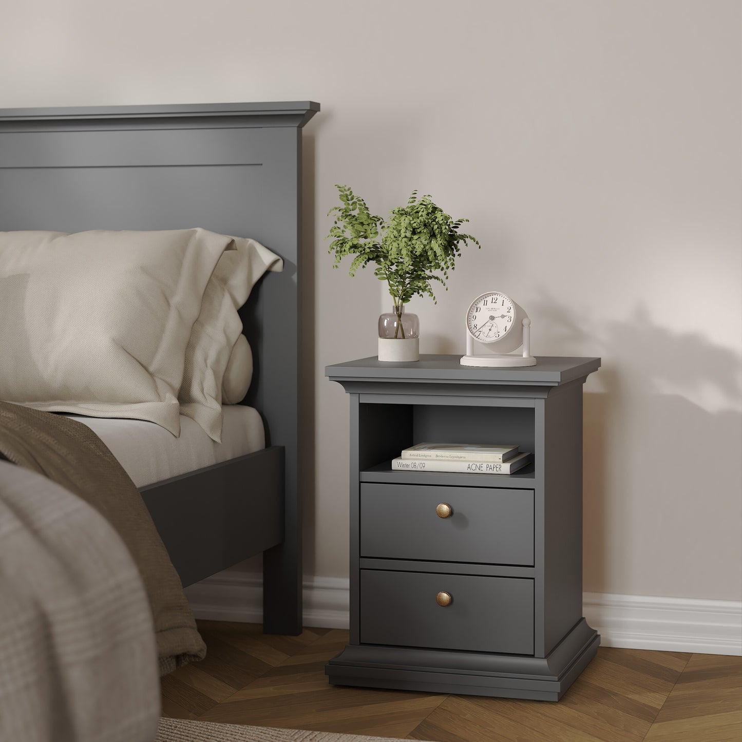 paris bedside 2 drawers in matt grey