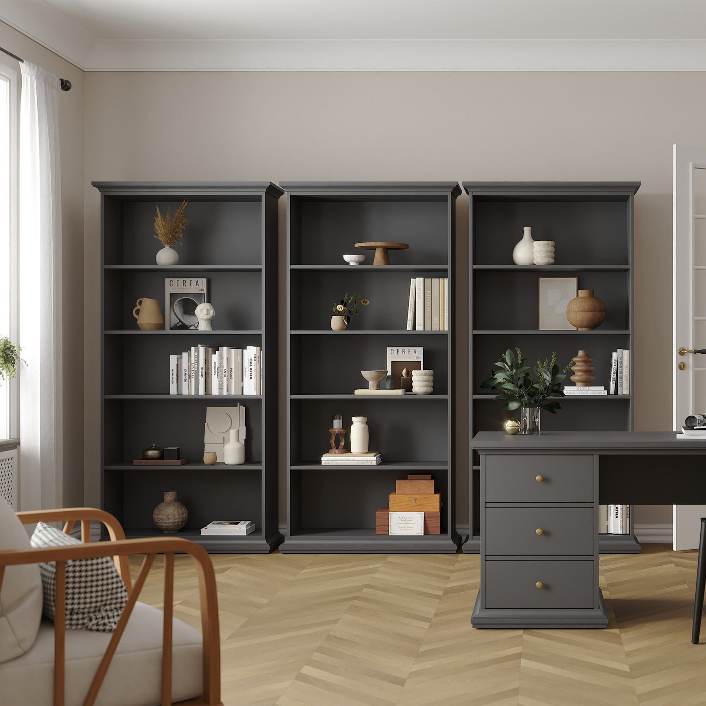 paris tall bookcase in matt grey