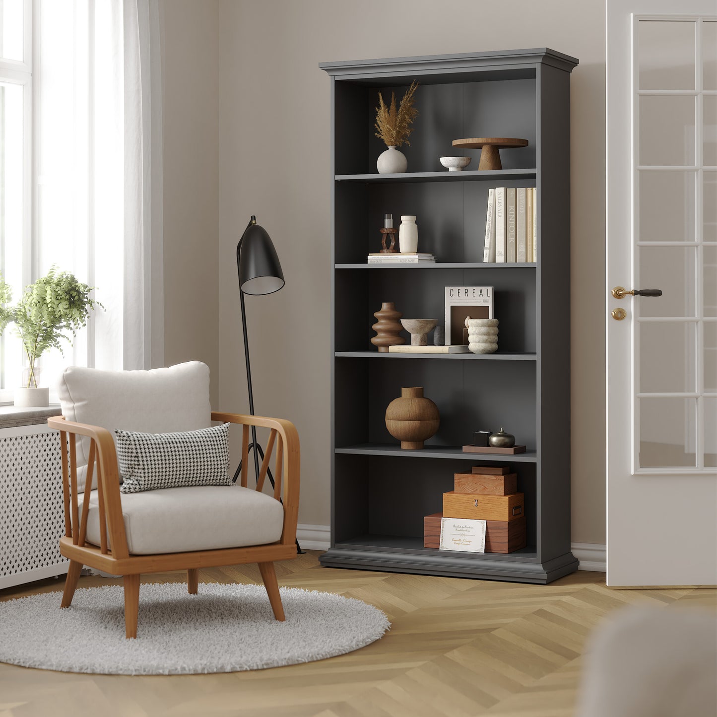 paris tall bookcase in matt grey