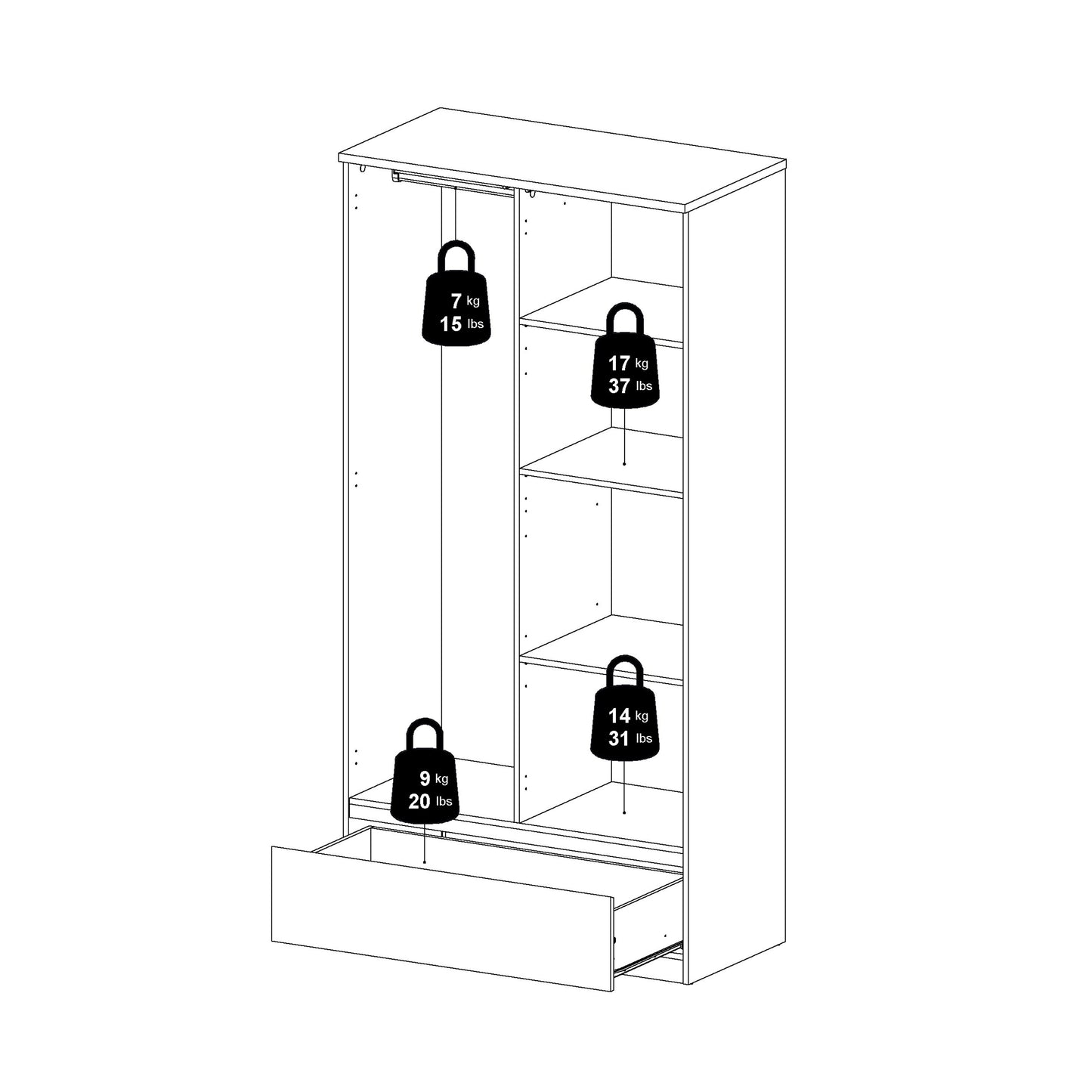 naia wardrobe with 2 doors 1 drawer in white high gloss