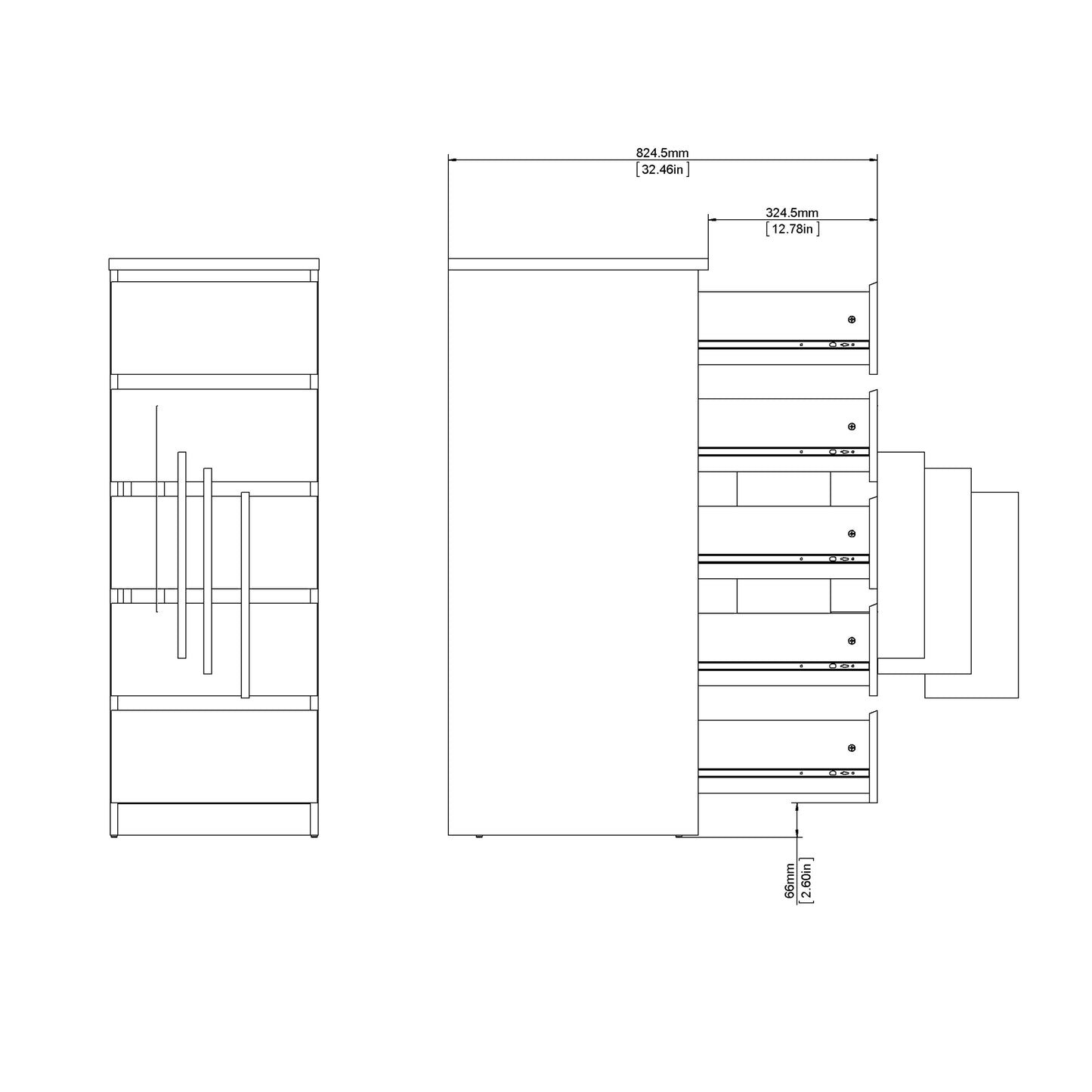 naia narrow chest of 5 drawers in black matt