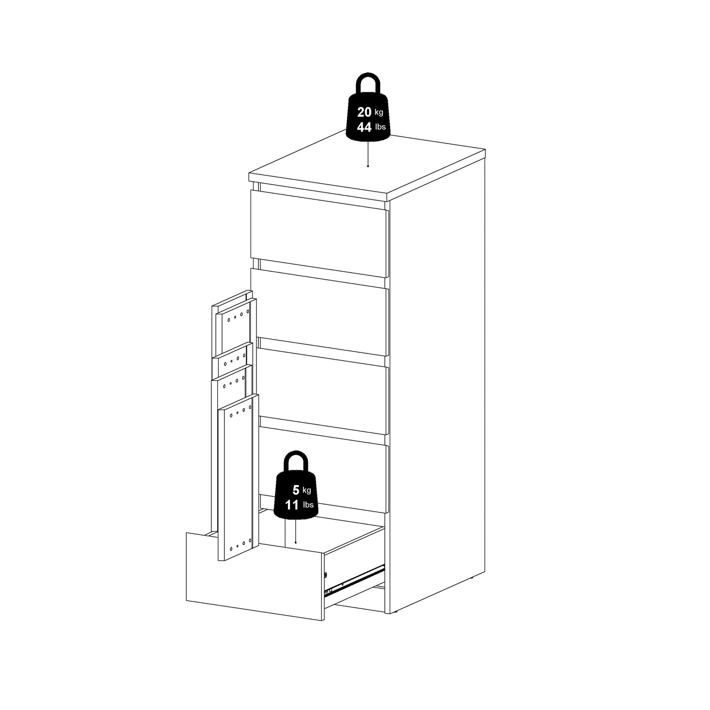 naia narrow chest of 5 drawers in black matt