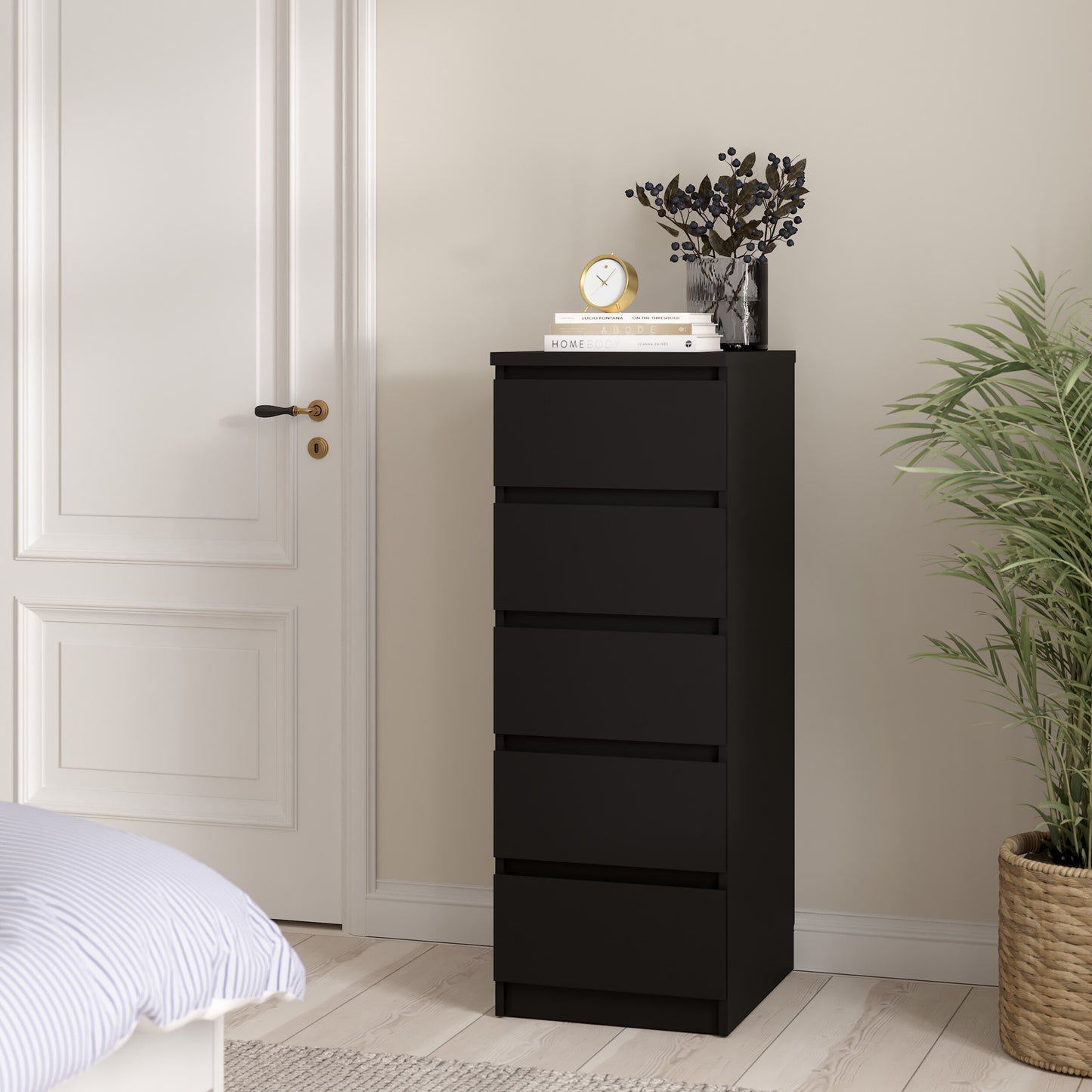 naia narrow chest of 5 drawers in black matt