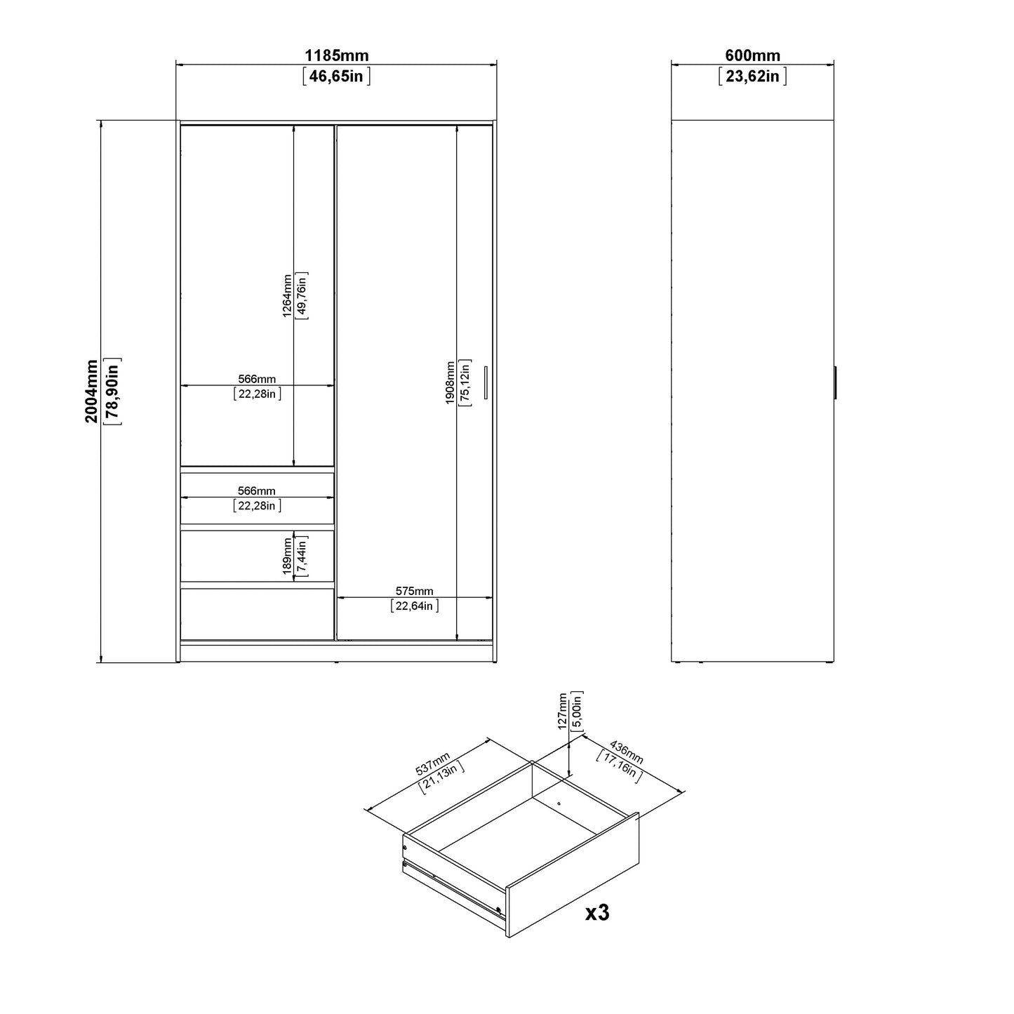 naia wardrobe with 1 sliding door 1 door 3 drawers in white high gloss