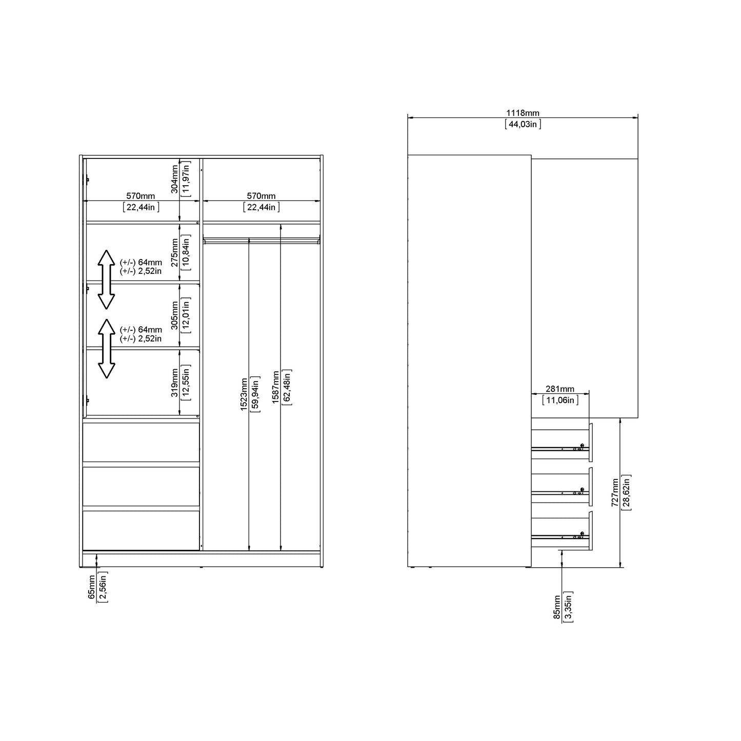 naia wardrobe with 1 sliding door 1 door 3 drawers in white high gloss