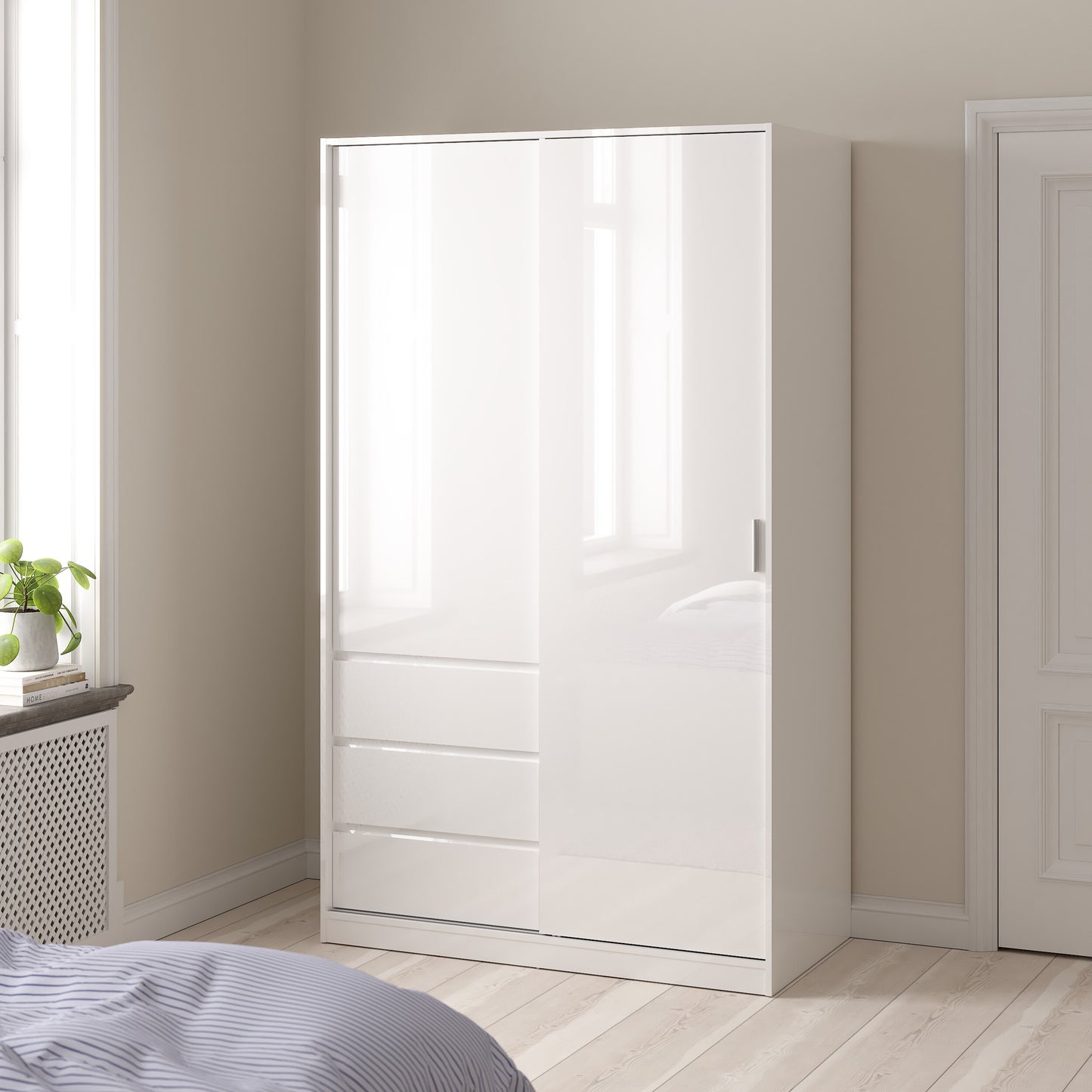 naia wardrobe with 1 sliding door 1 door 3 drawers in white high gloss