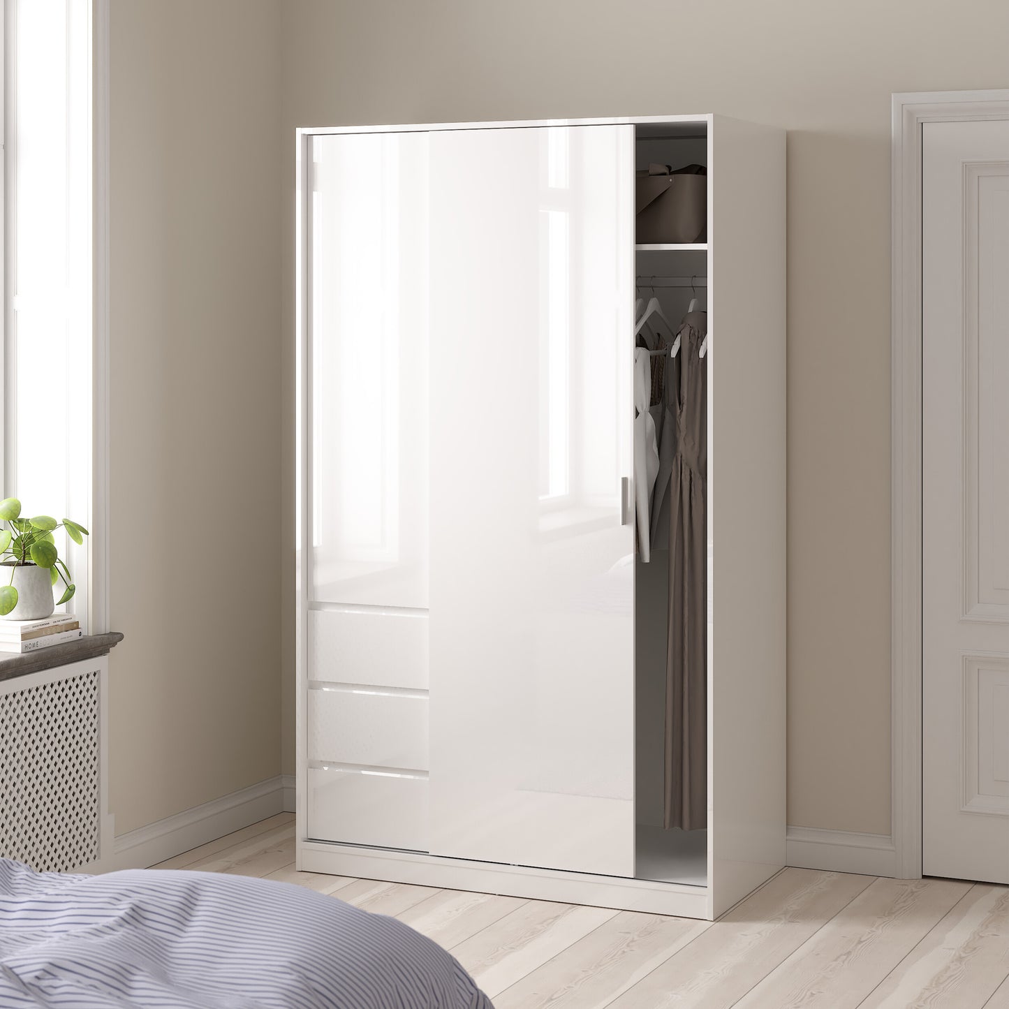 naia wardrobe with 1 sliding door 1 door 3 drawers in white high gloss