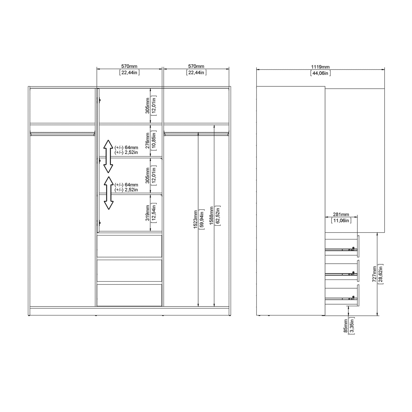 naia wardrobe with 2 sliding doors 1 door 3 drawers in jackson hickory oak