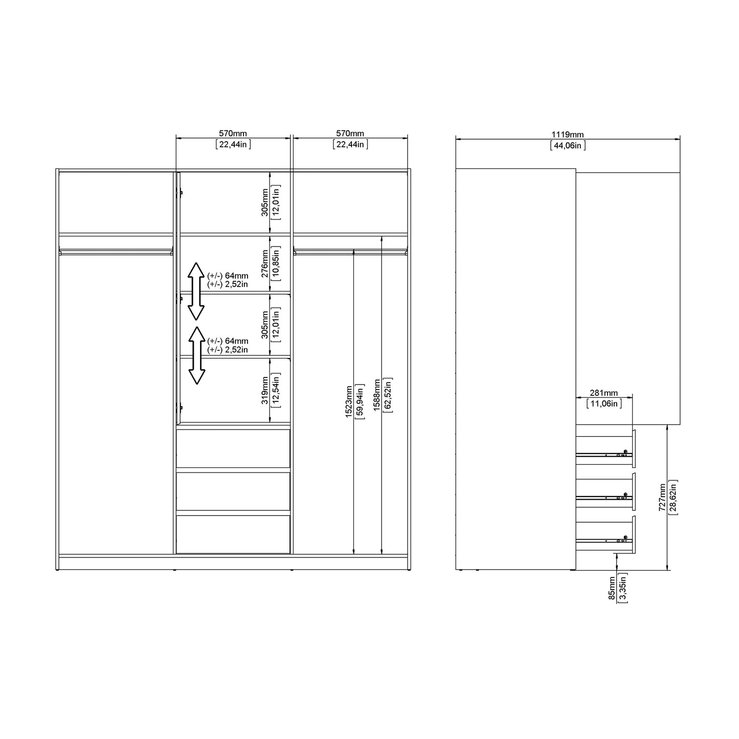 naia wardrobe with 2 sliding doors 1 door 3 drawers in white high gloss