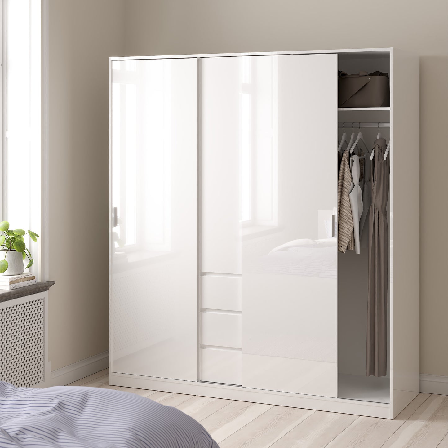 naia wardrobe with 2 sliding doors 1 door 3 drawers in white high gloss