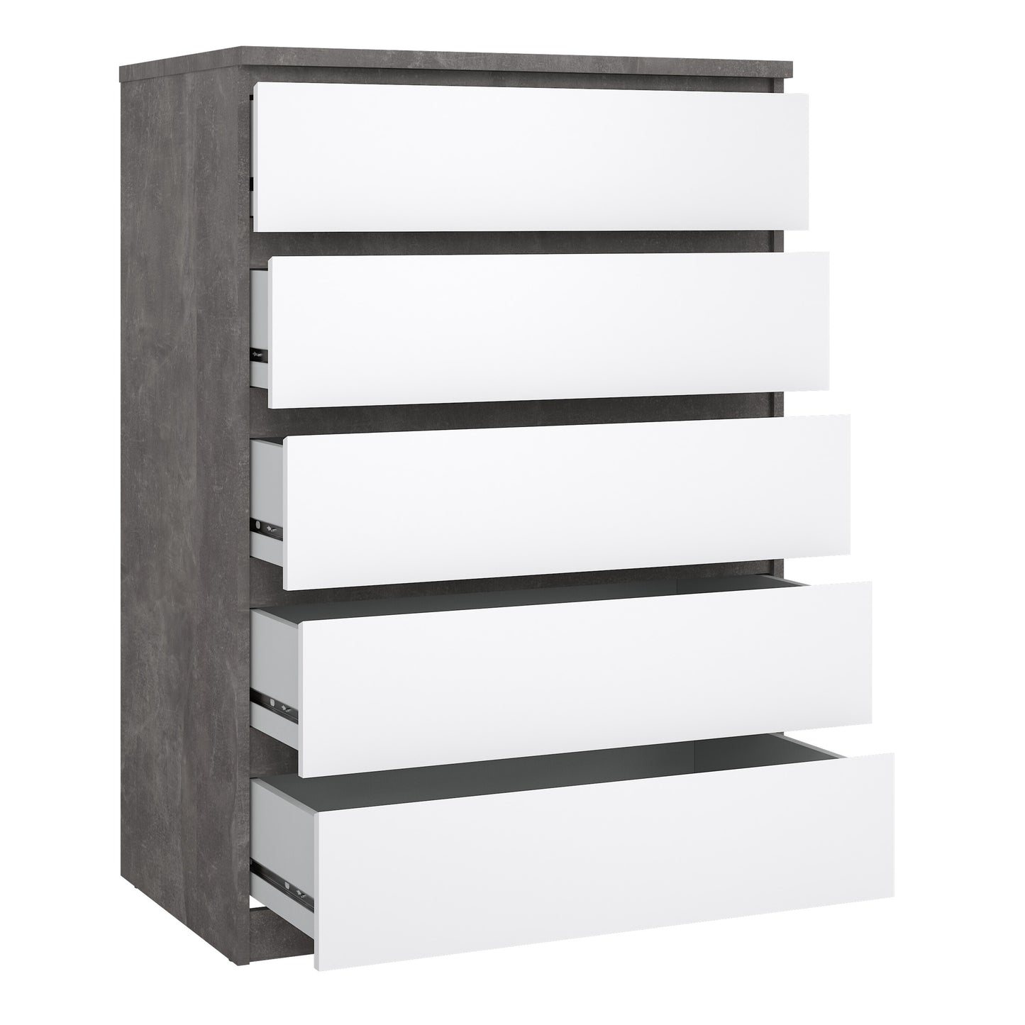 naia chest of 5 drawers in concrete and white high gloss