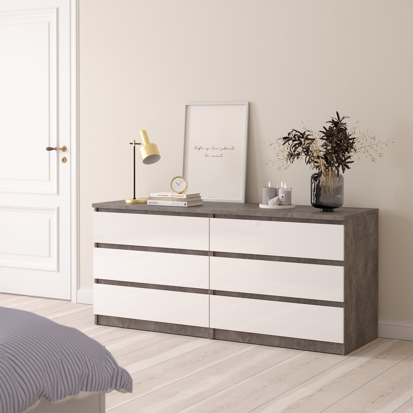 naia wide chest of 6 drawers (3+3) in concrete and white high gloss
