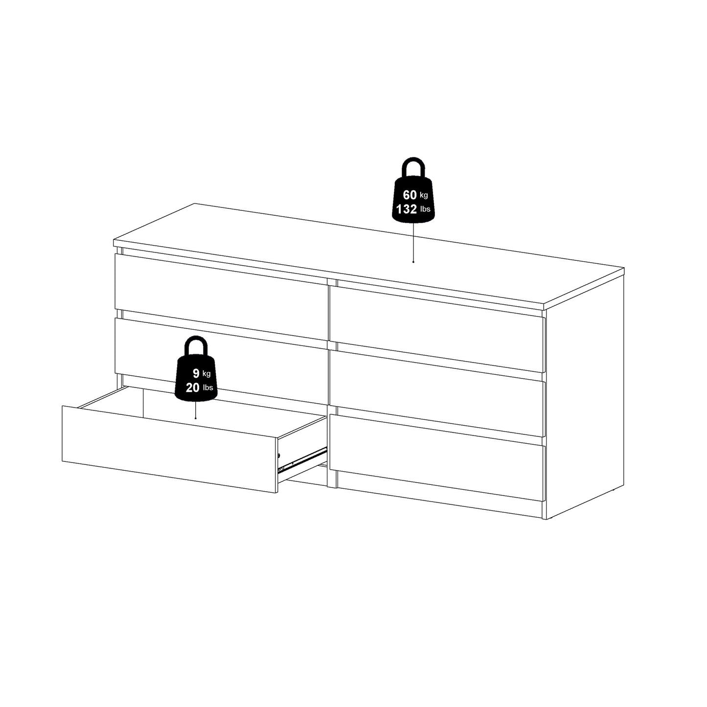 naia wide chest of 6 drawers (3+3) in jackson hickory oak