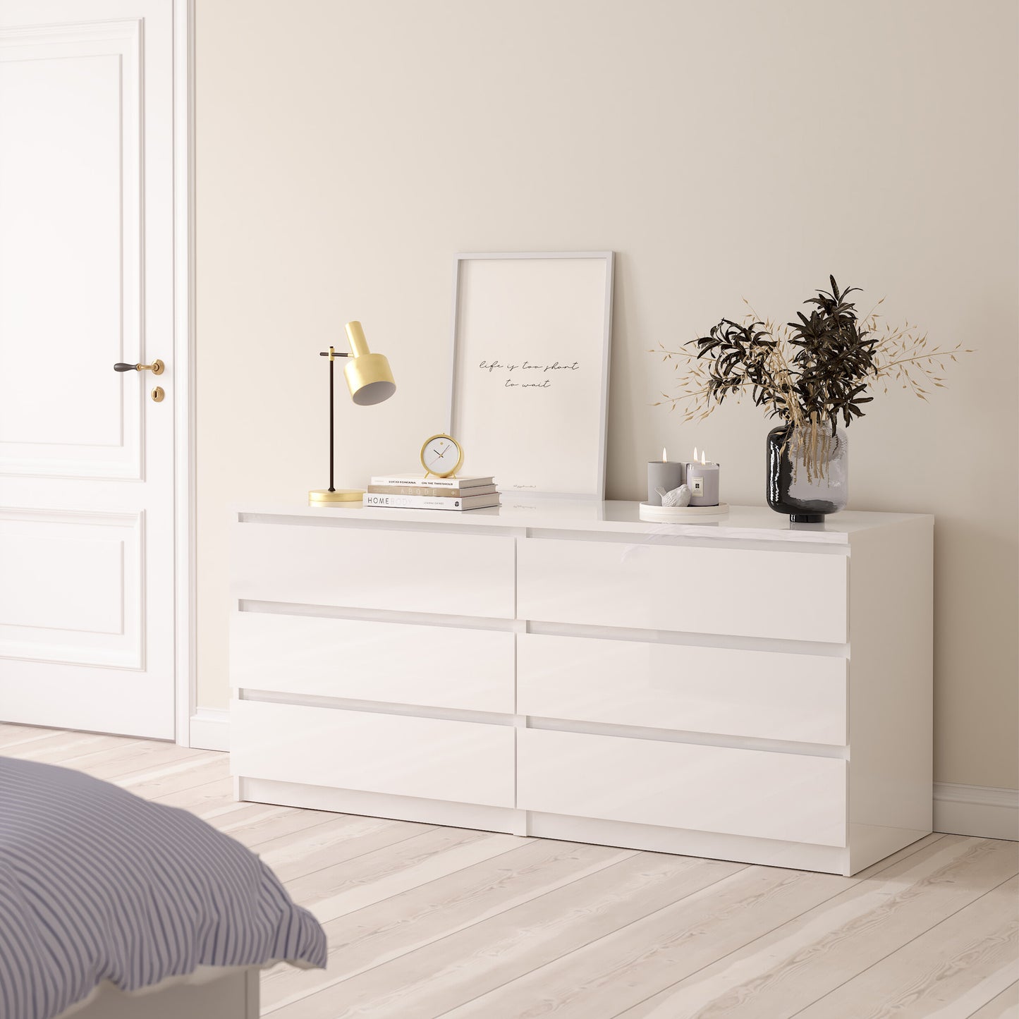 naia wide chest of 6 drawers (3+3) in white high gloss