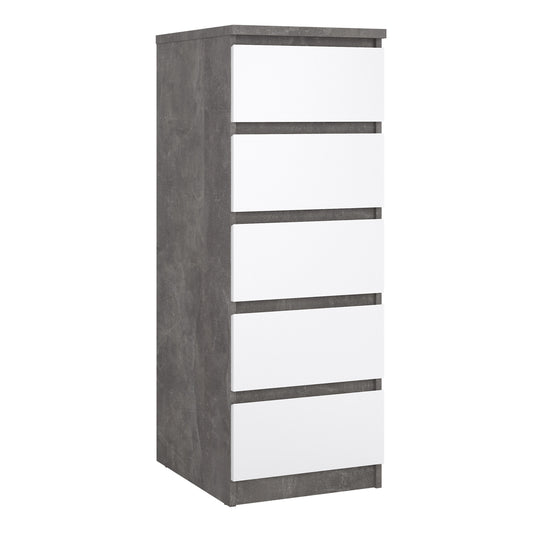 naia narrow chest of 5 drawers in concrete and white high gloss