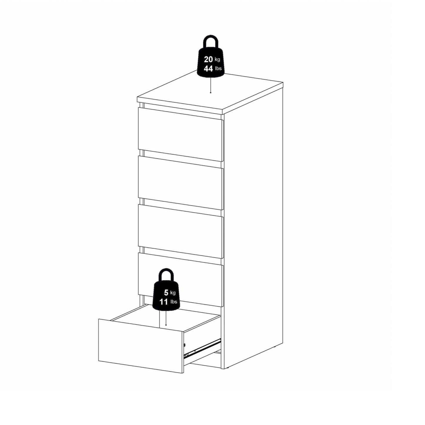 naia narrow chest of 5 drawers in concrete and white high gloss