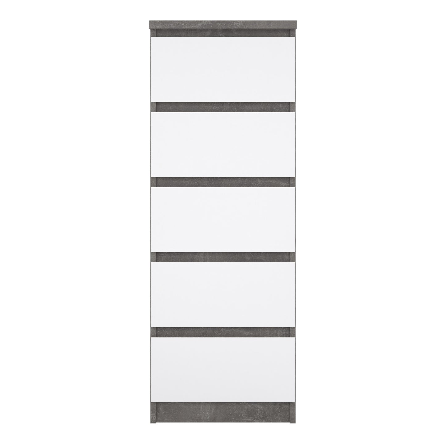 naia narrow chest of 5 drawers in concrete and white high gloss
