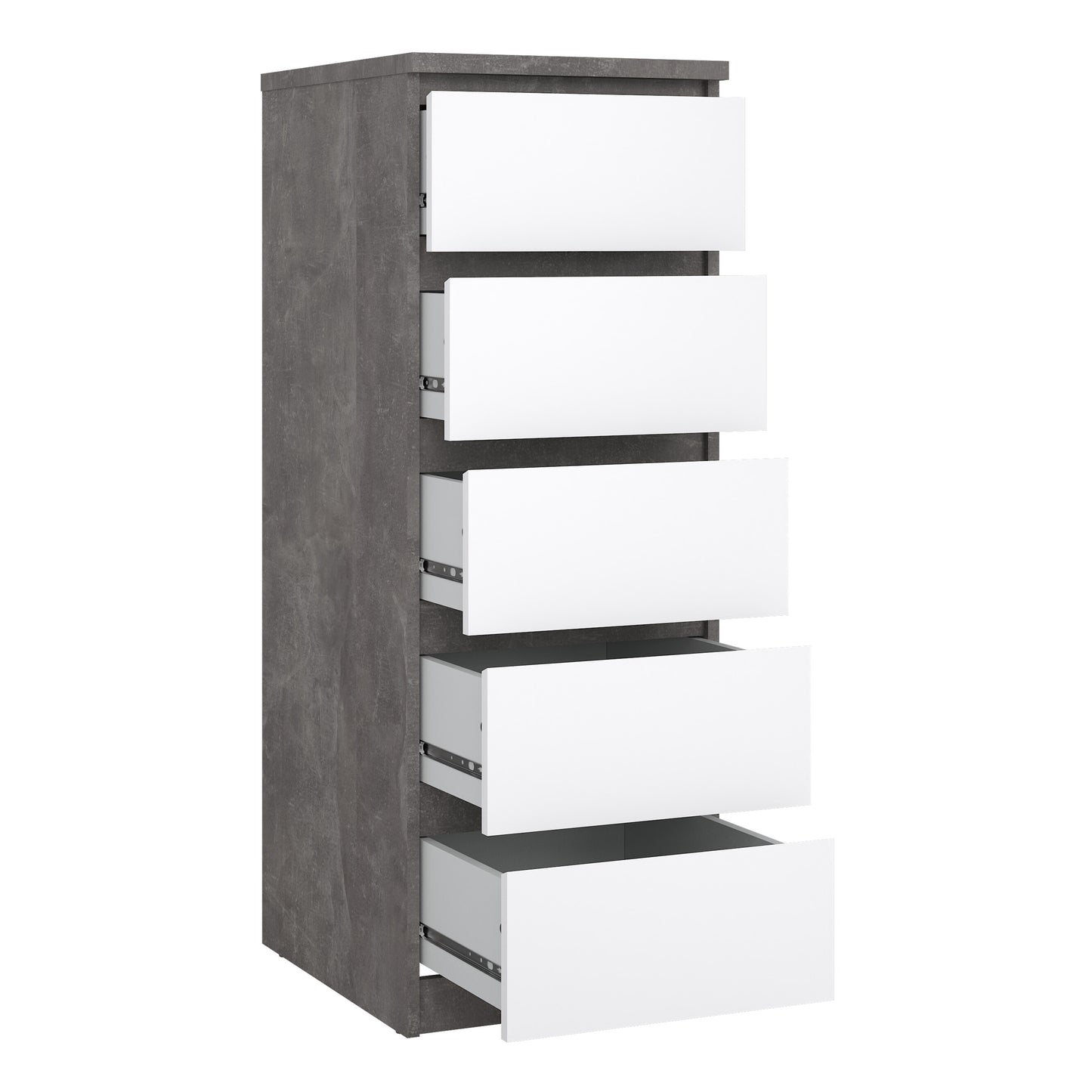 naia narrow chest of 5 drawers in concrete and white high gloss