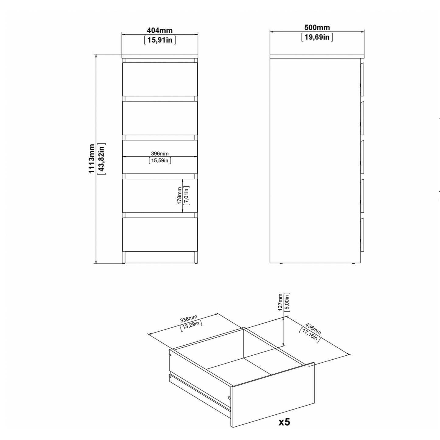 naia narrow chest of 5 drawers in concrete and white high gloss