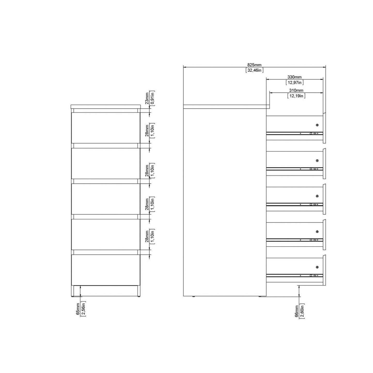 naia narrow chest of 5 drawers in concrete and white high gloss