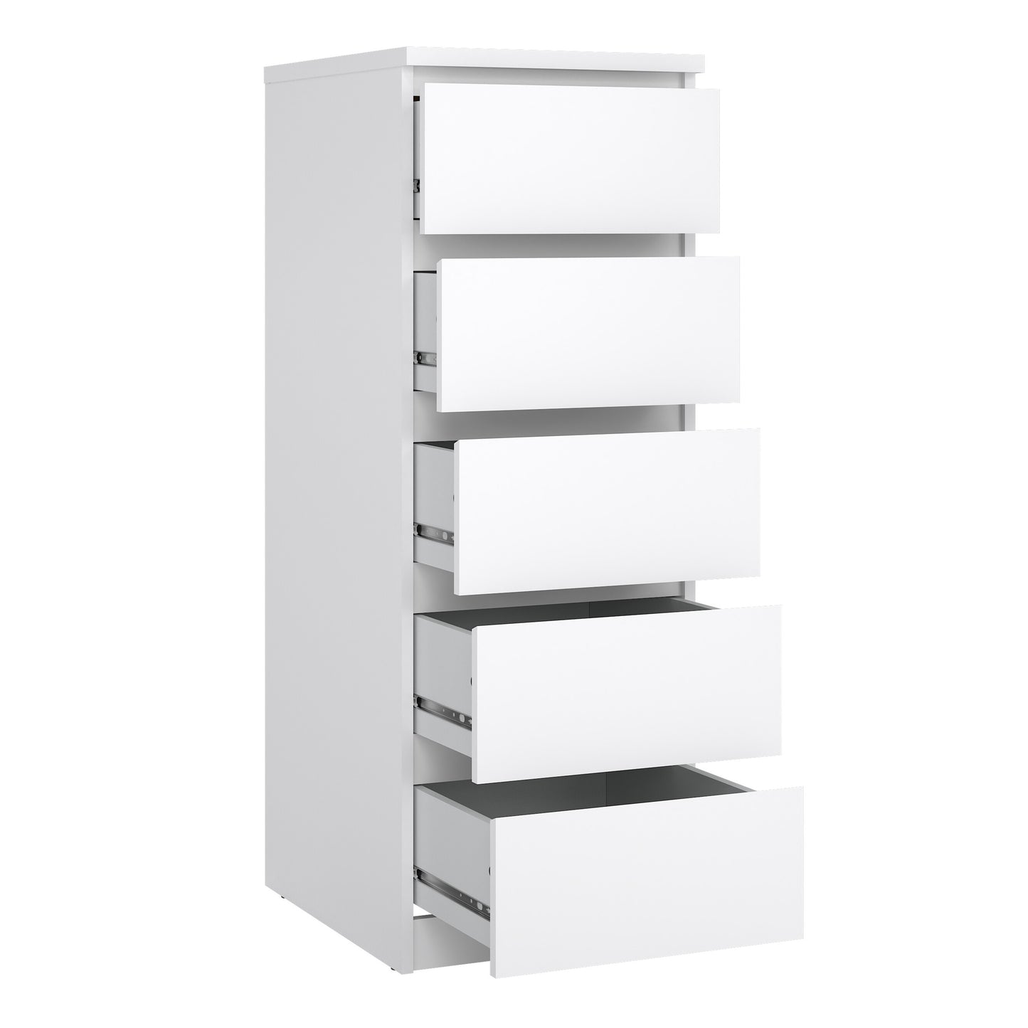 naia narrow chest of 5 drawers in white high gloss