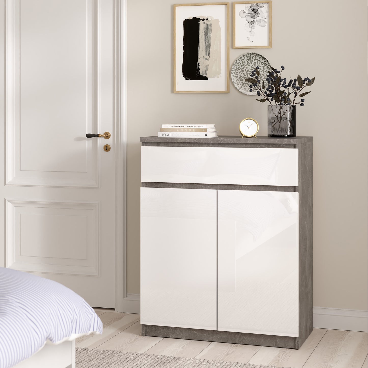 naia sideboard 1 drawer 2 doors in concrete and white high gloss