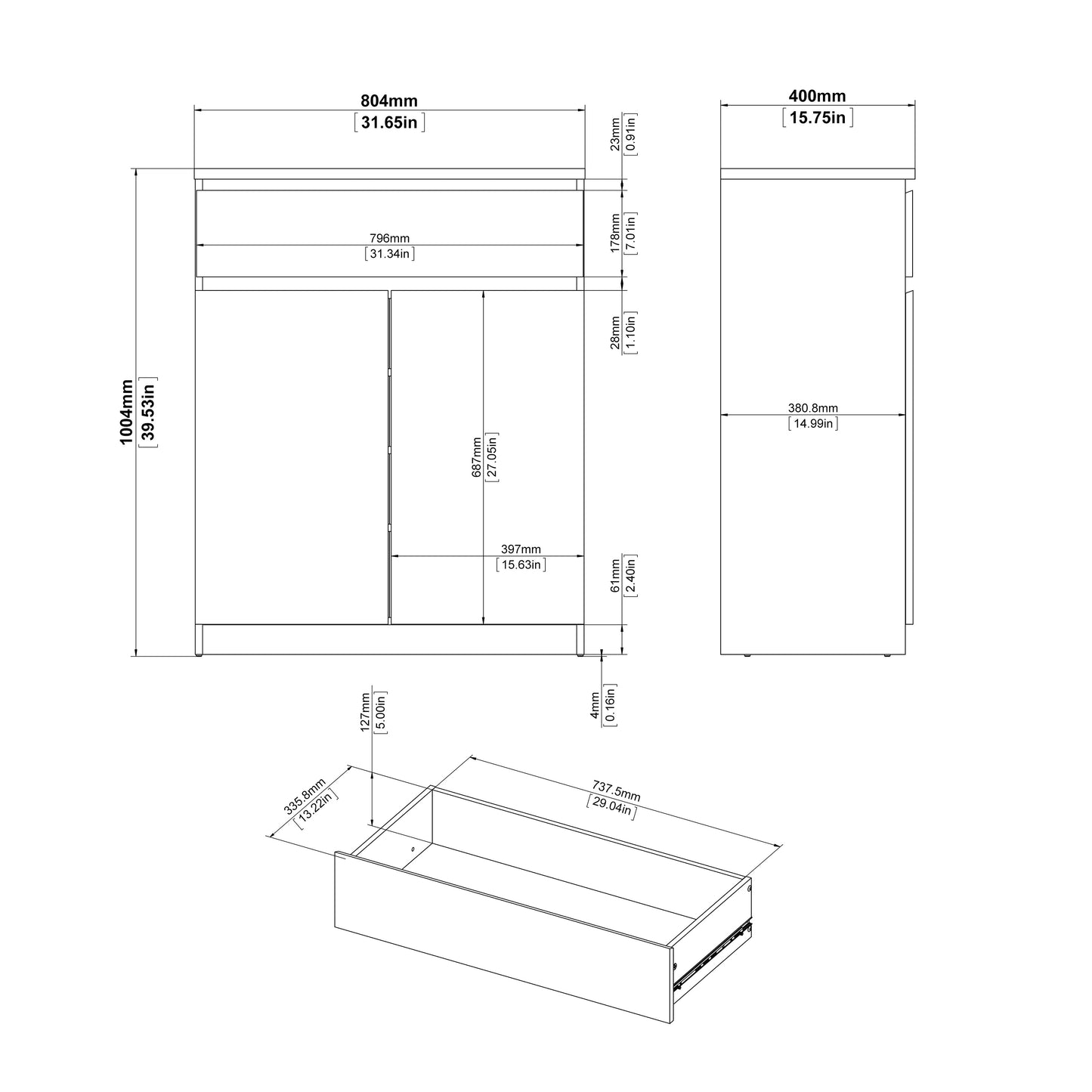 naia sideboard 1 drawer 2 doors in concrete and white high gloss
