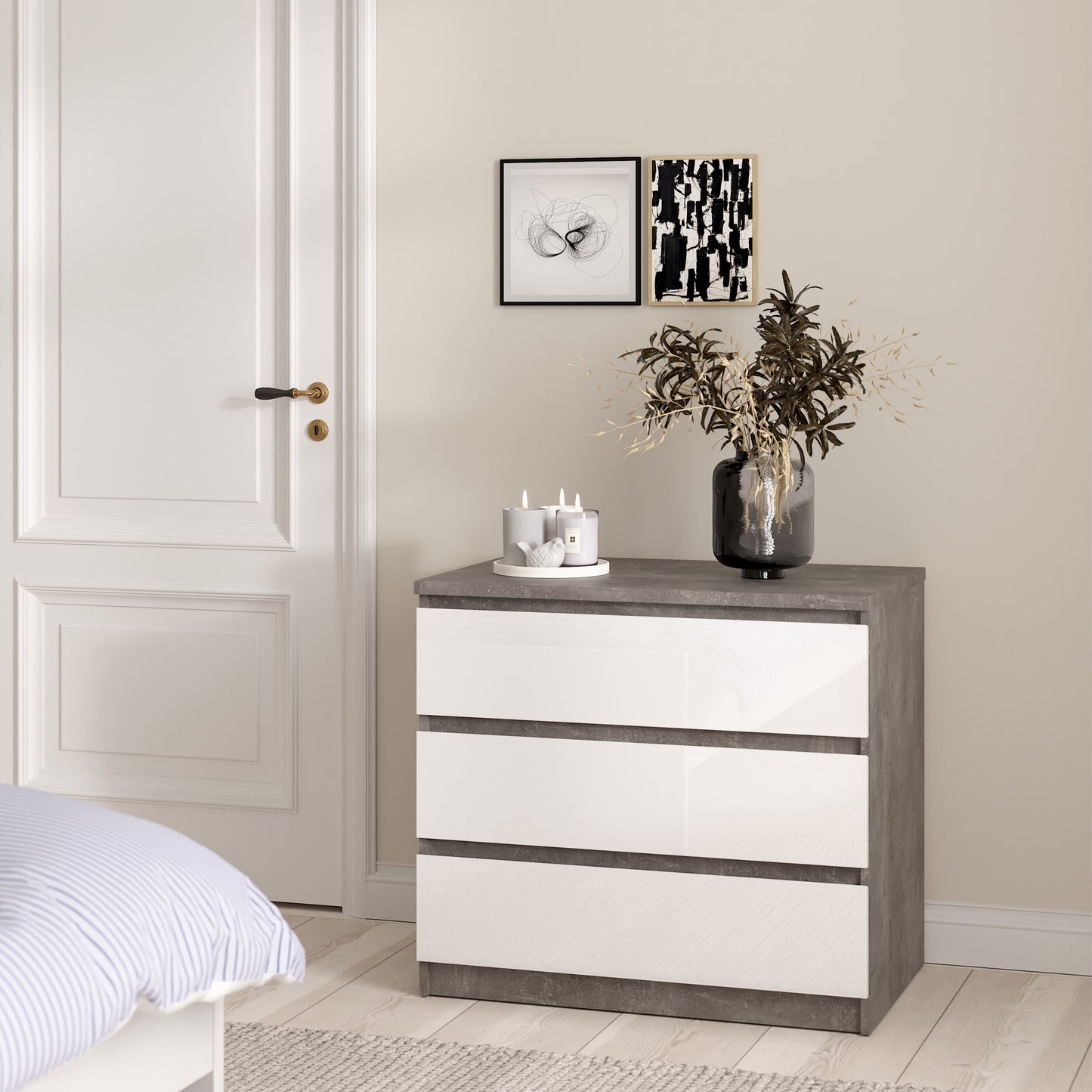 naia chest of 3 drawers in concrete and white high gloss