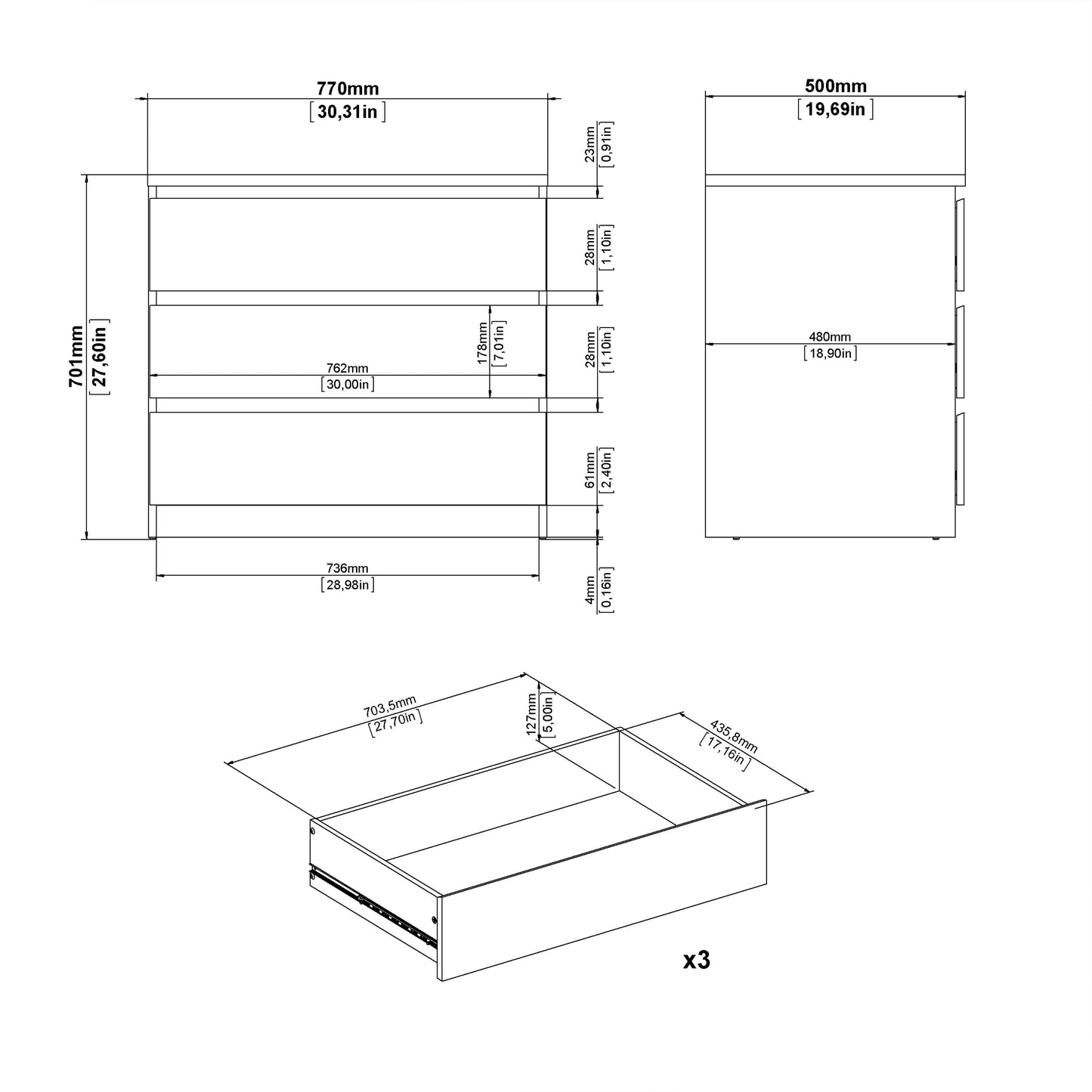 naia chest of 3 drawers in concrete and white high gloss