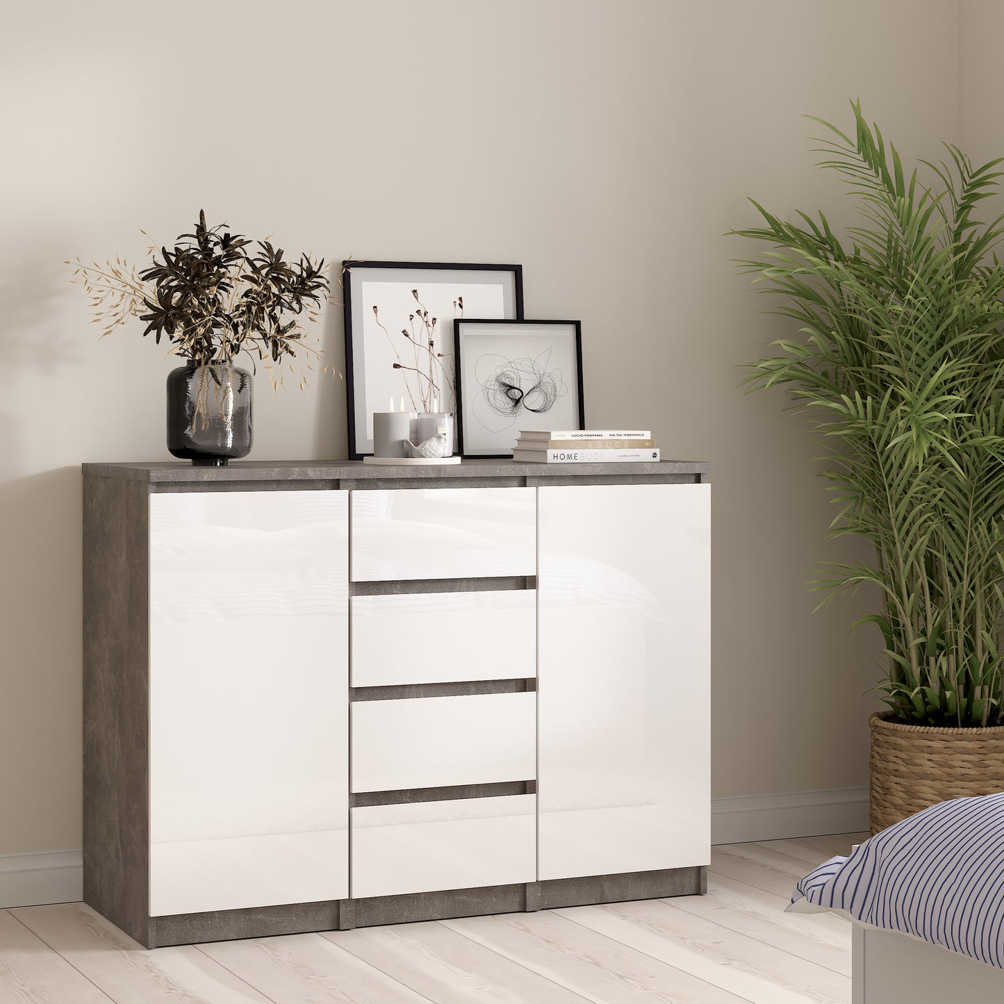 naia sideboard 4 drawers 2 doors in concrete and white high gloss
