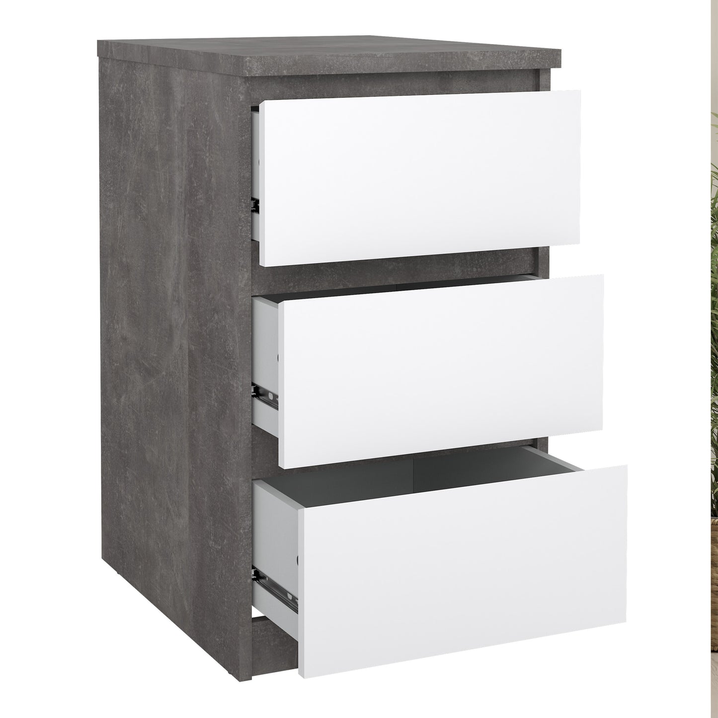 naia bedside 3 drawers in concrete and white high gloss