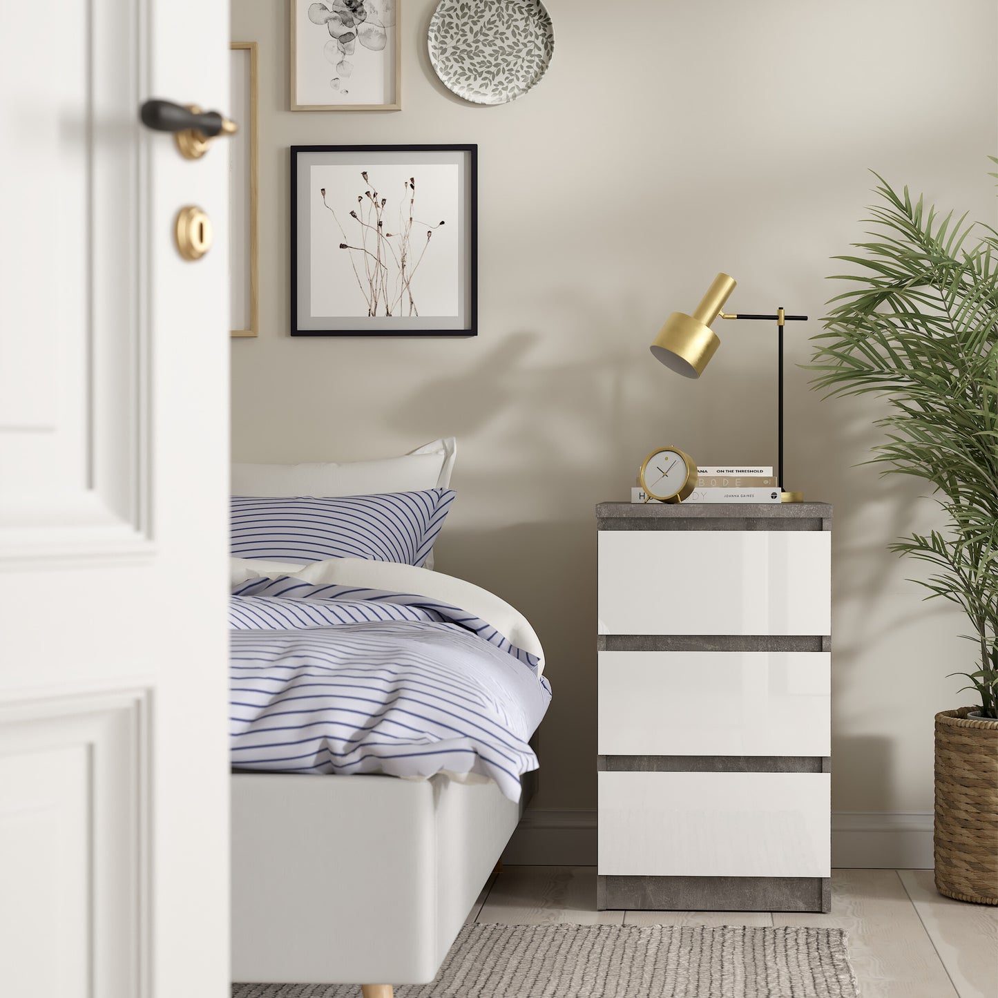 naia bedside 3 drawers in concrete and white high gloss