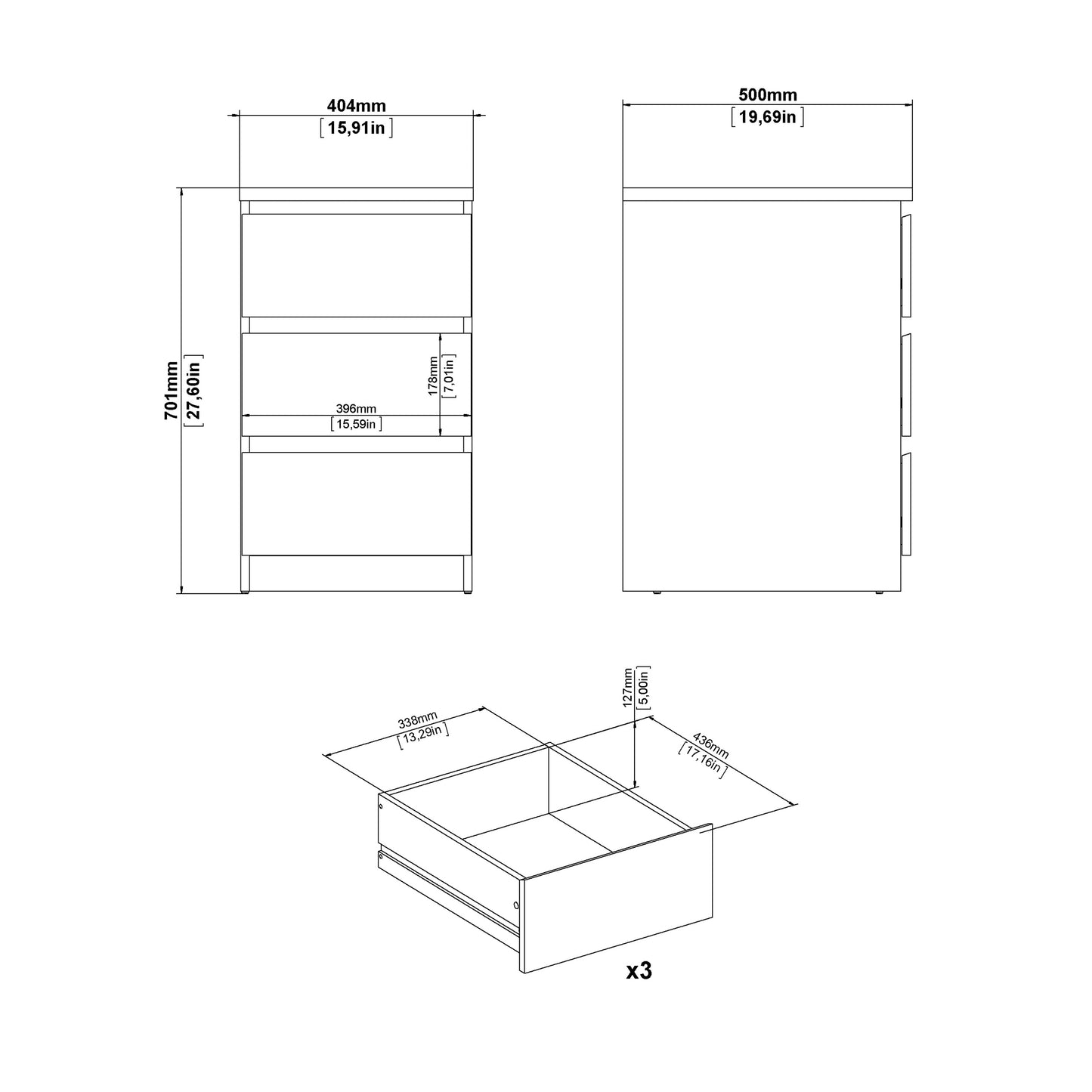 naia bedside 3 drawers in concrete and white high gloss