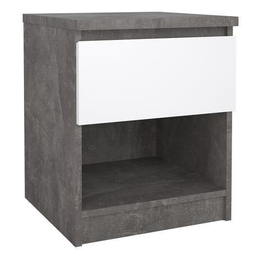 naia bedside 1 drawer 1 shelf in concrete and white high gloss