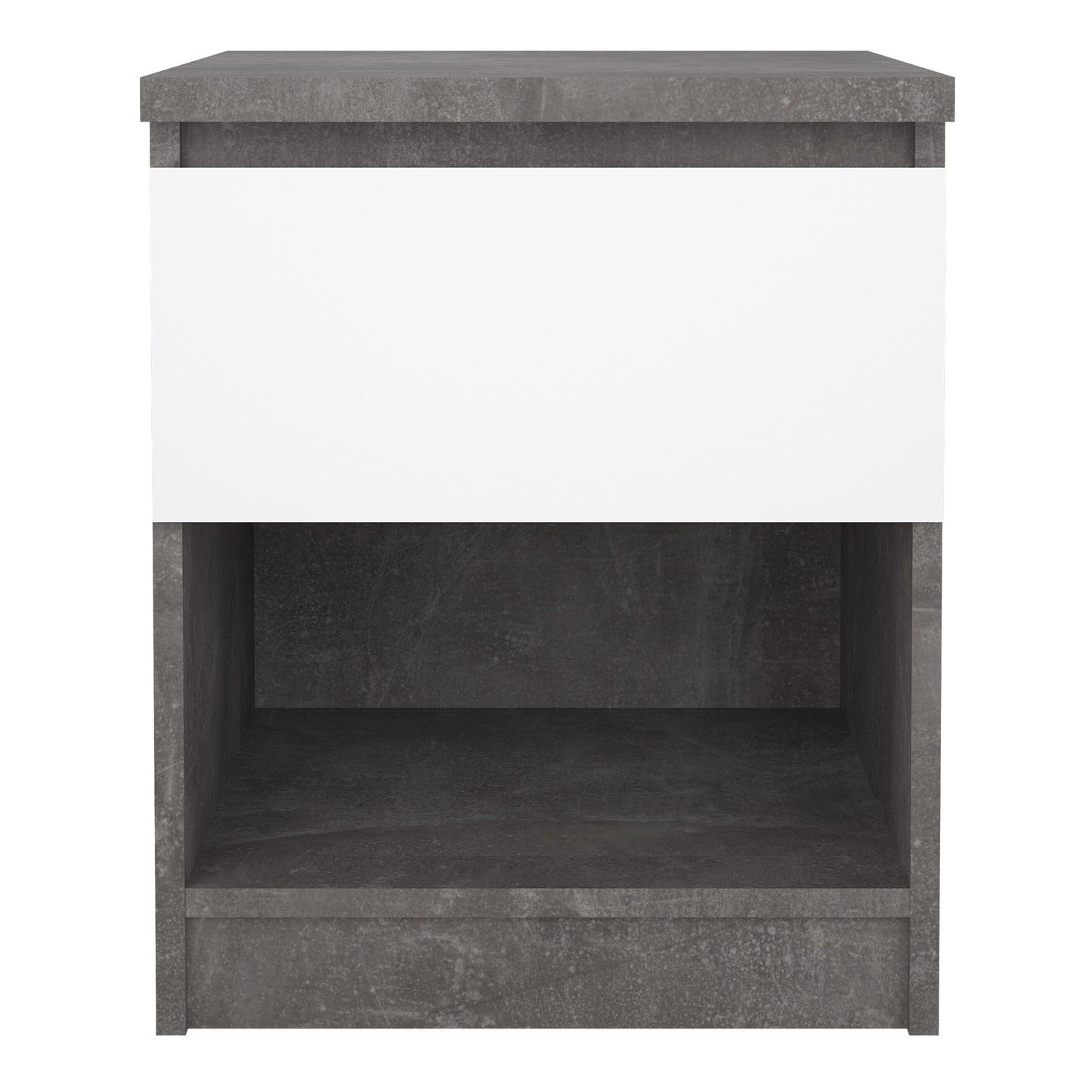naia bedside 1 drawer 1 shelf in concrete and white high gloss