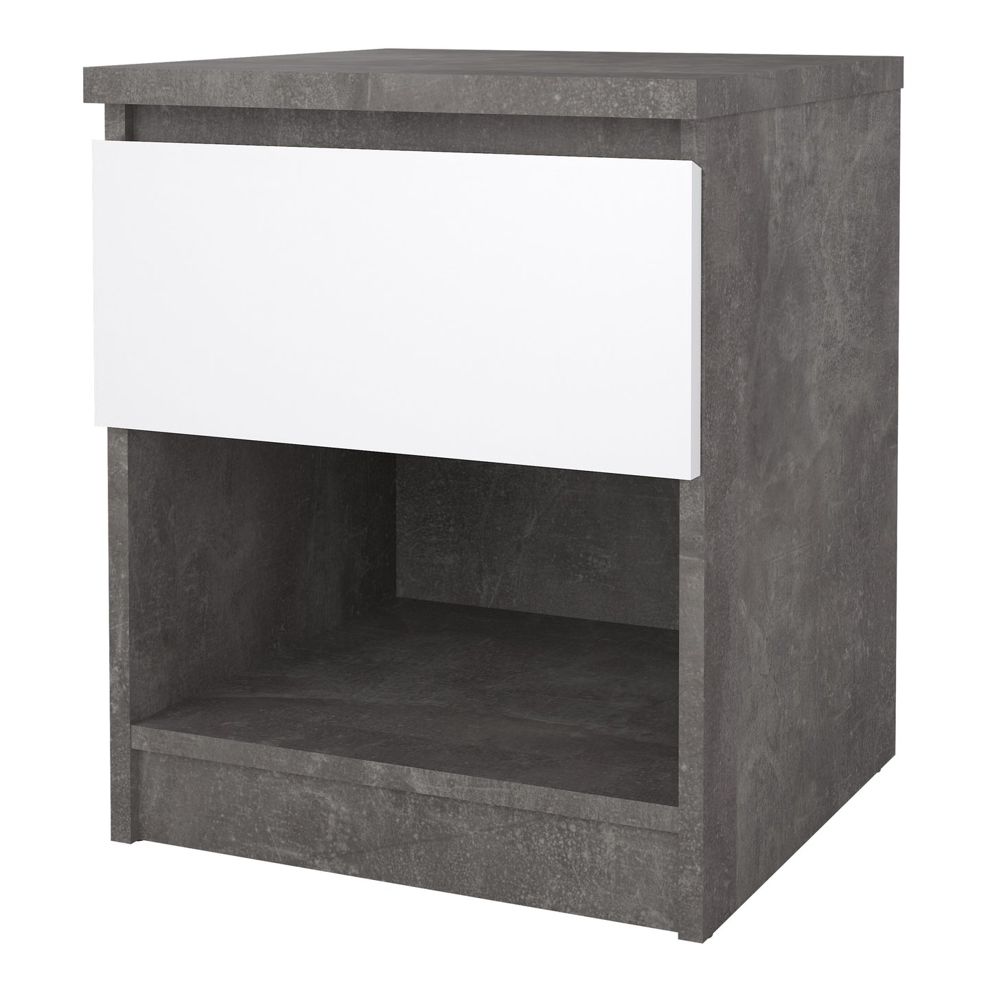 naia bedside 1 drawer 1 shelf in concrete and white high gloss