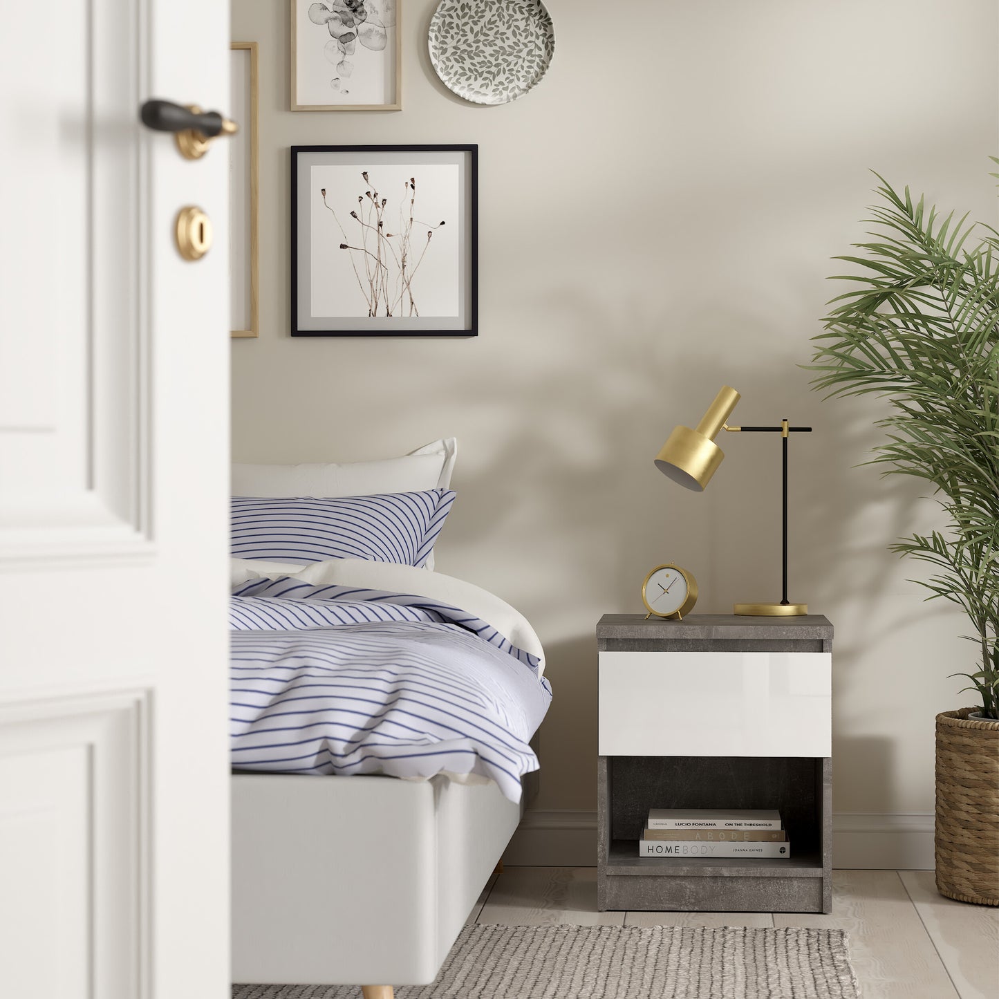 naia bedside 1 drawer 1 shelf in concrete and white high gloss
