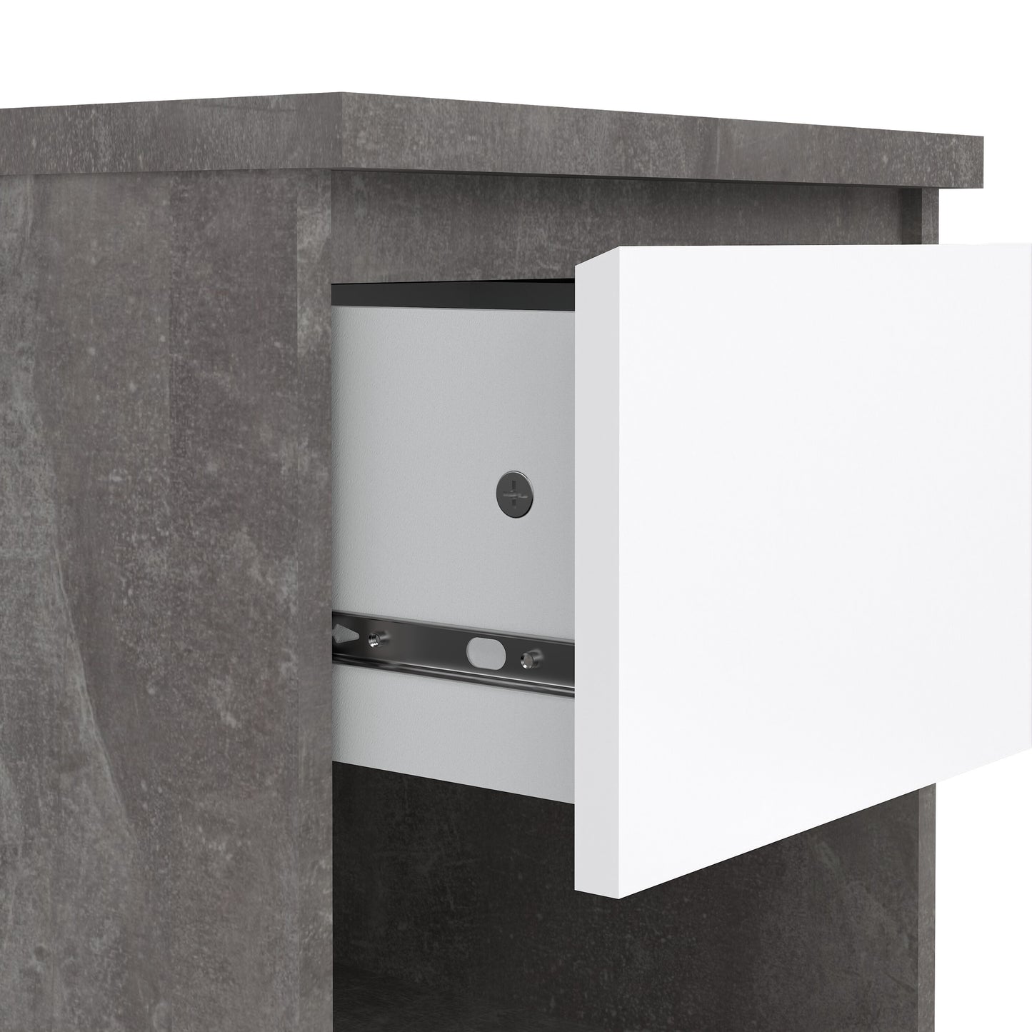 naia bedside 1 drawer 1 shelf in concrete and white high gloss