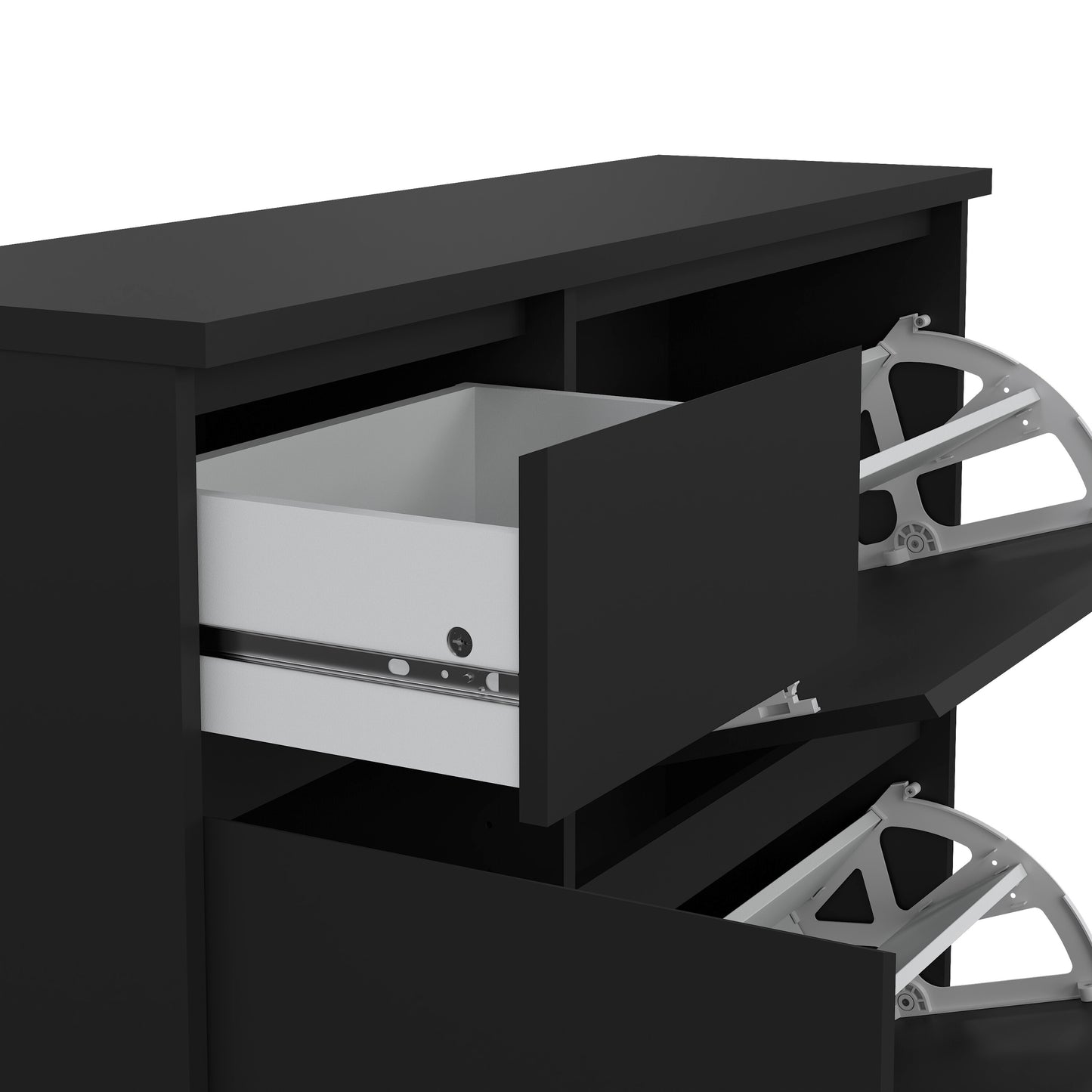 naia shoe cabinet with 2 flip down doors 1 door and 1 drawer in black matt