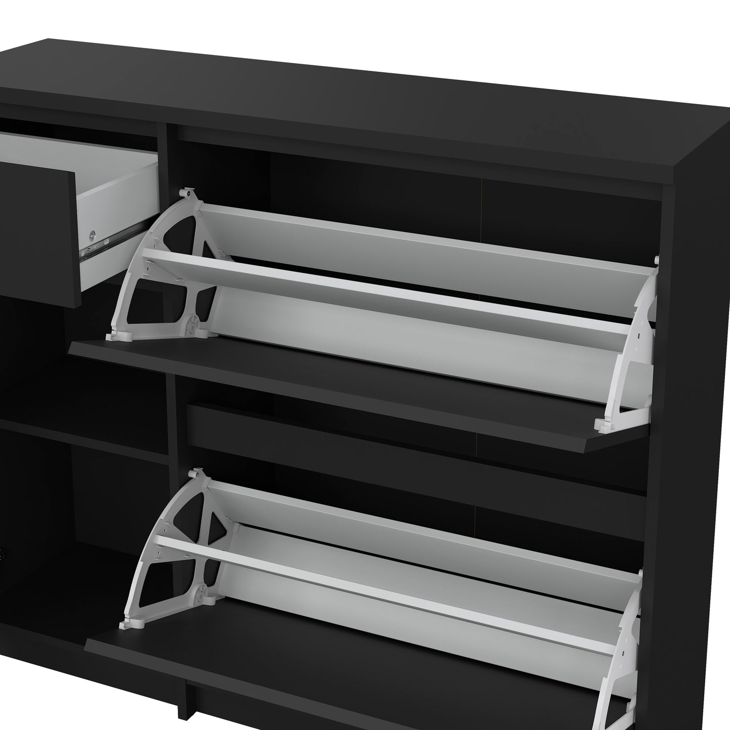 naia shoe cabinet with 2 flip down doors 1 door and 1 drawer in black matt