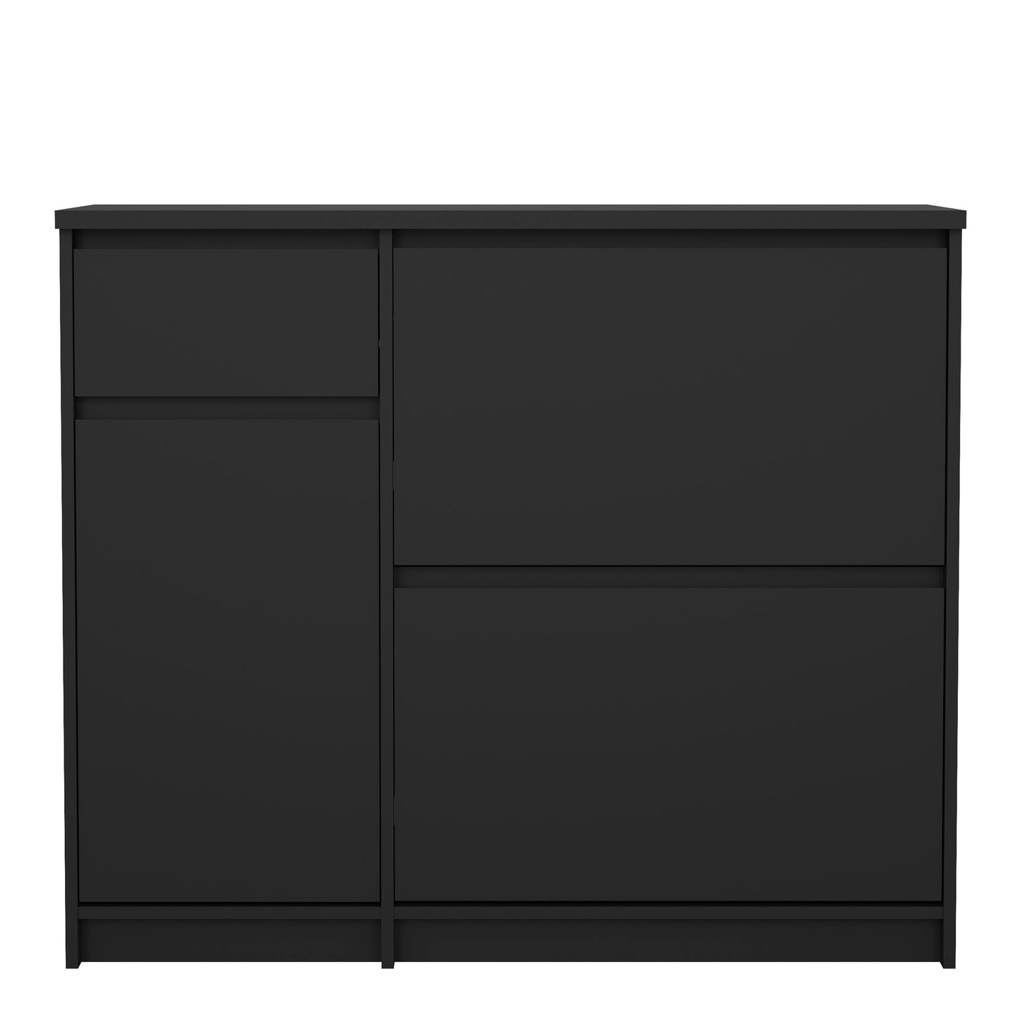 naia shoe cabinet with 2 flip down doors 1 door and 1 drawer in black matt