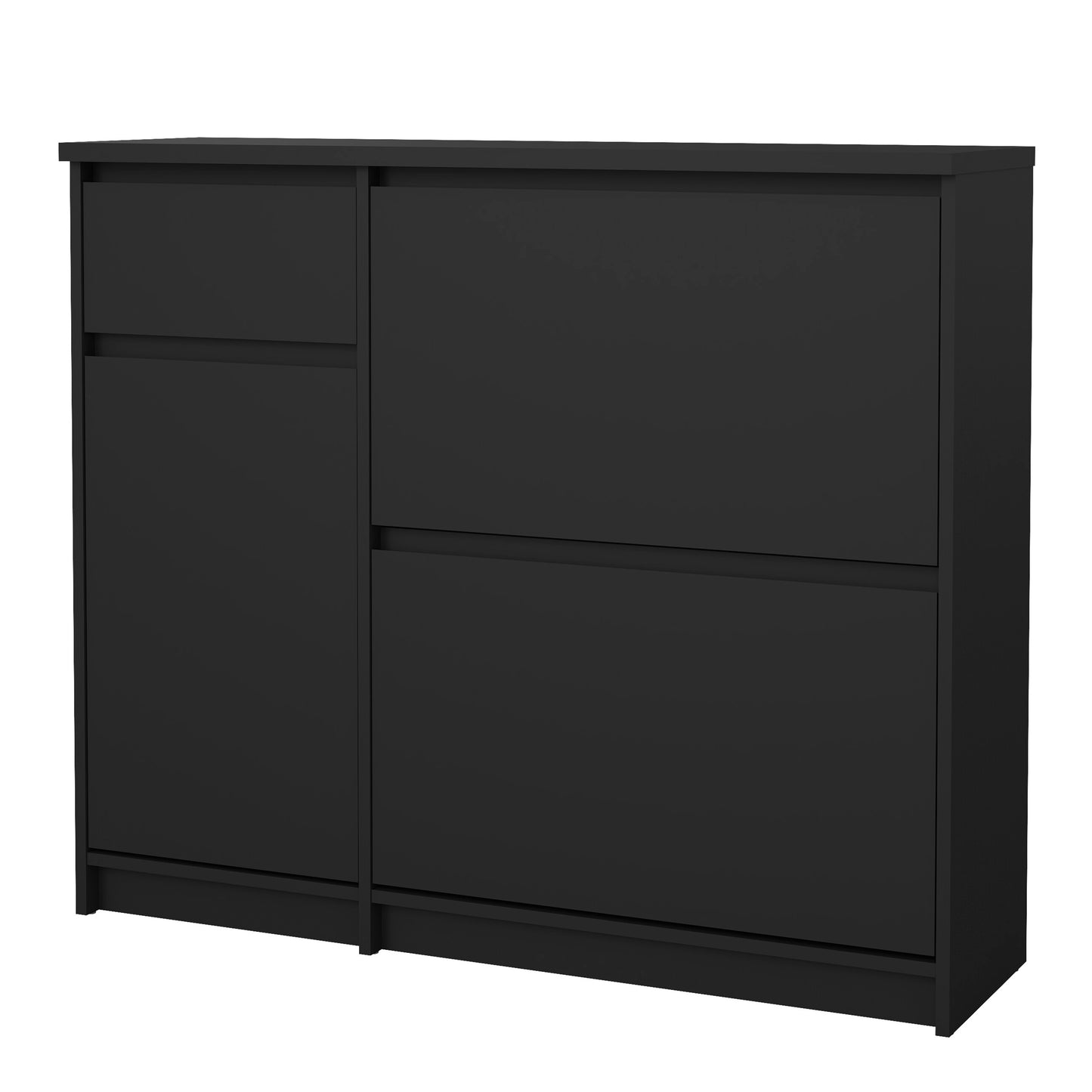 naia shoe cabinet with 2 flip down doors 1 door and 1 drawer in black matt
