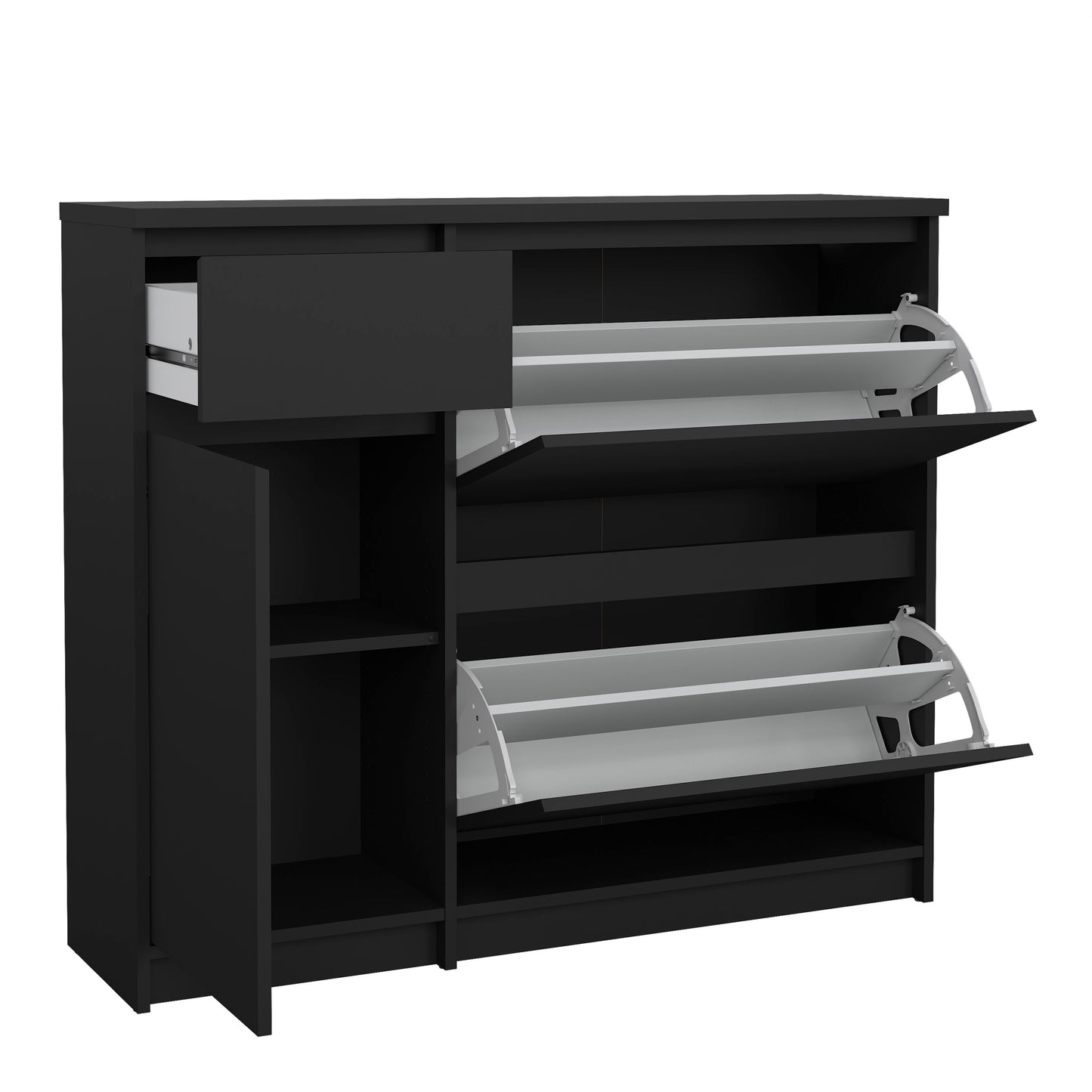 naia shoe cabinet with 2 flip down doors 1 door and 1 drawer in black matt