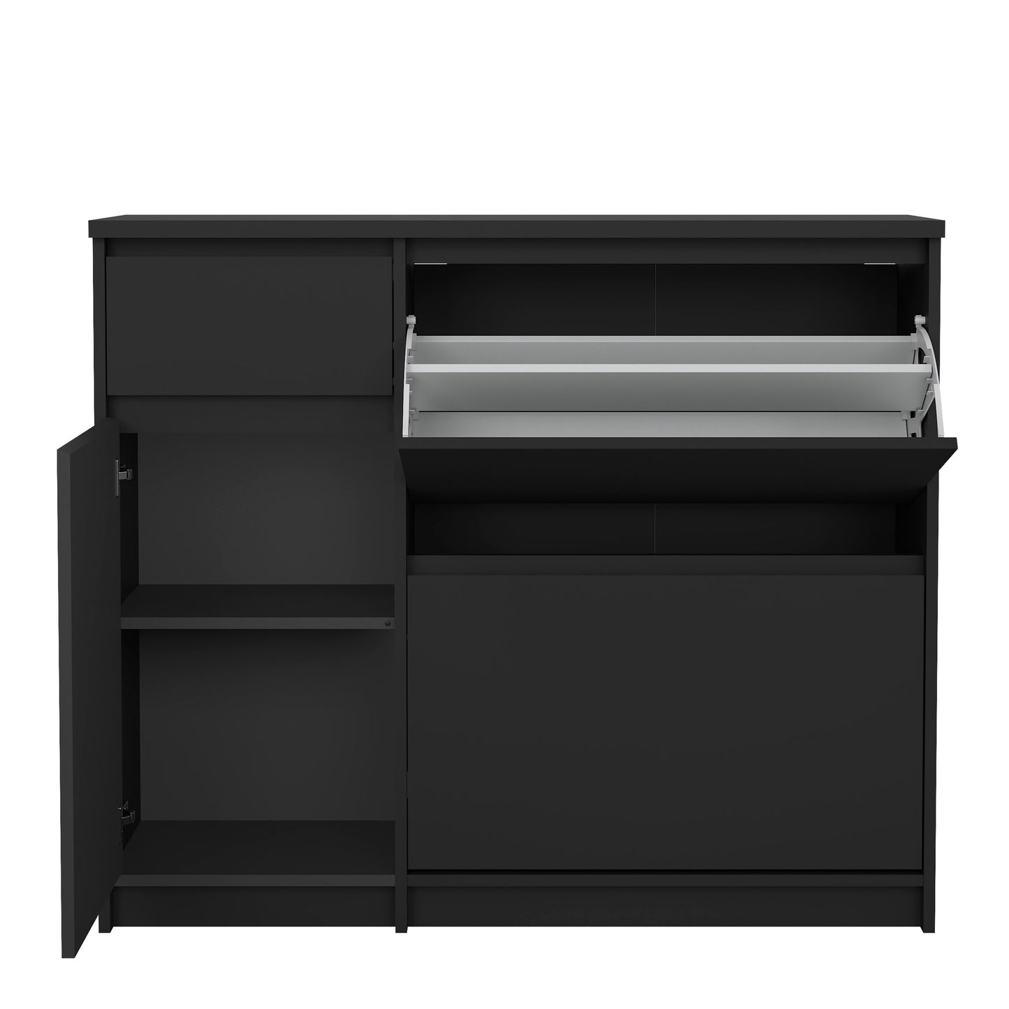 naia shoe cabinet with 2 flip down doors 1 door and 1 drawer in black matt