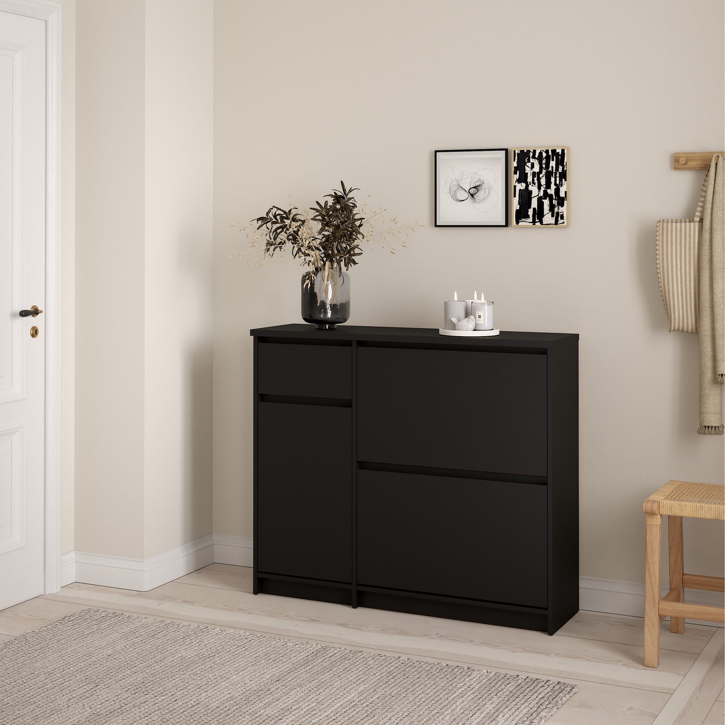 naia shoe cabinet with 2 flip down doors 1 door and 1 drawer in black matt
