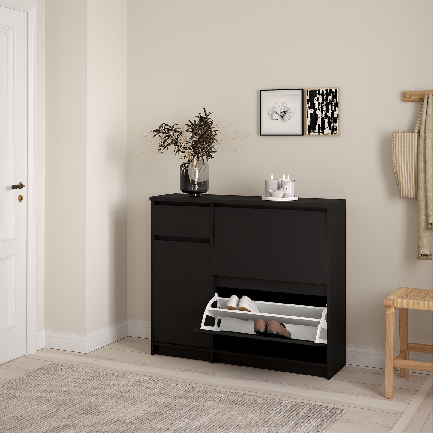 naia shoe cabinet with 2 flip down doors 1 door and 1 drawer in black matt